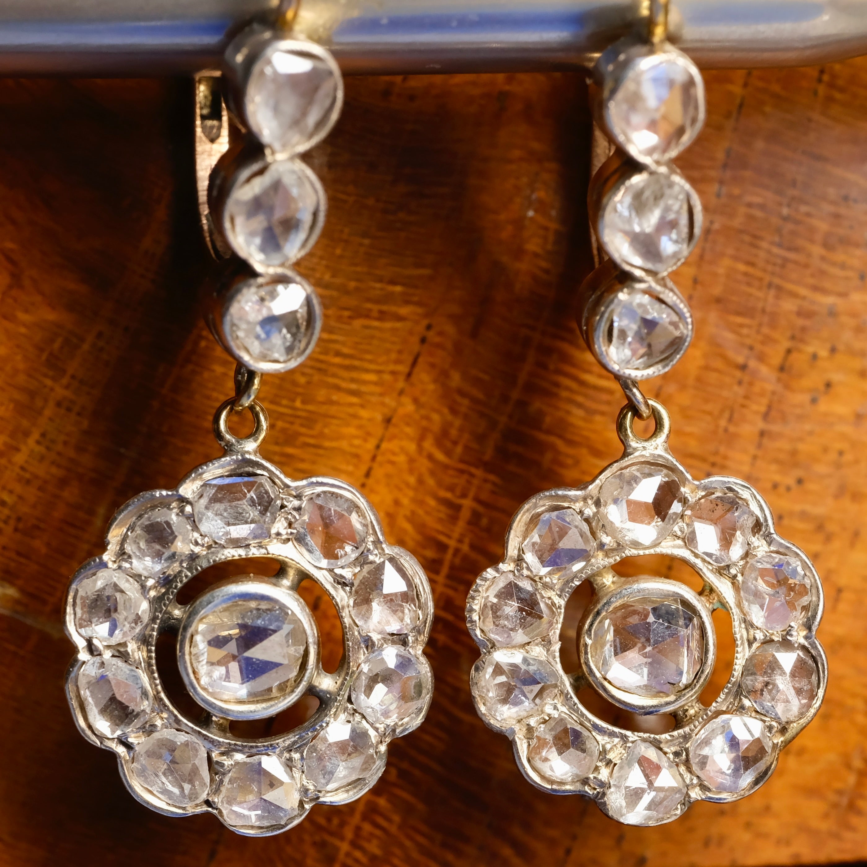 Victorian, 18ct Gold & Silver Rose Cut Diamond, Daisy Cluster Drop Earrings