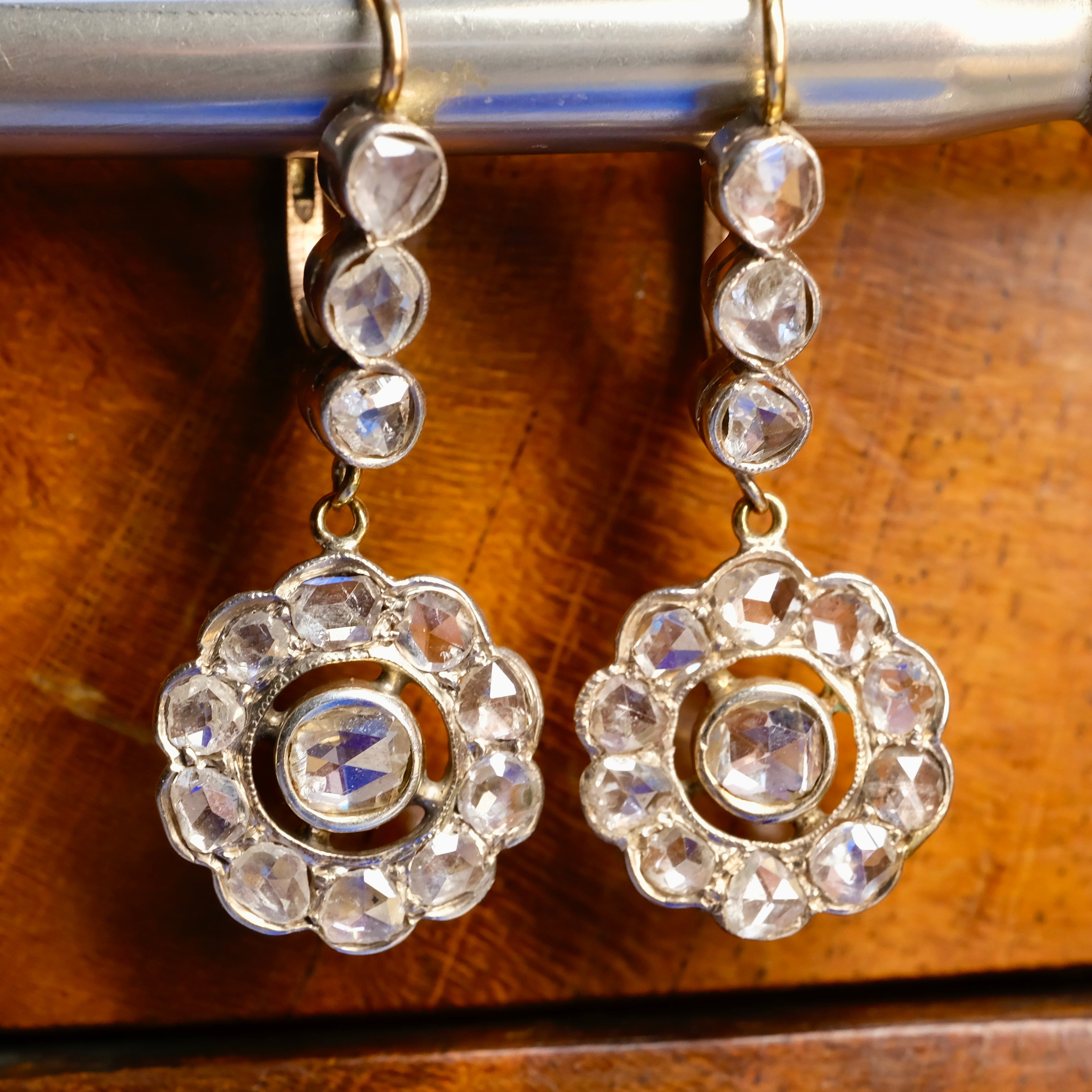 Victorian, 18ct Gold & Silver Rose Cut Diamond, Daisy Cluster Drop Earrings