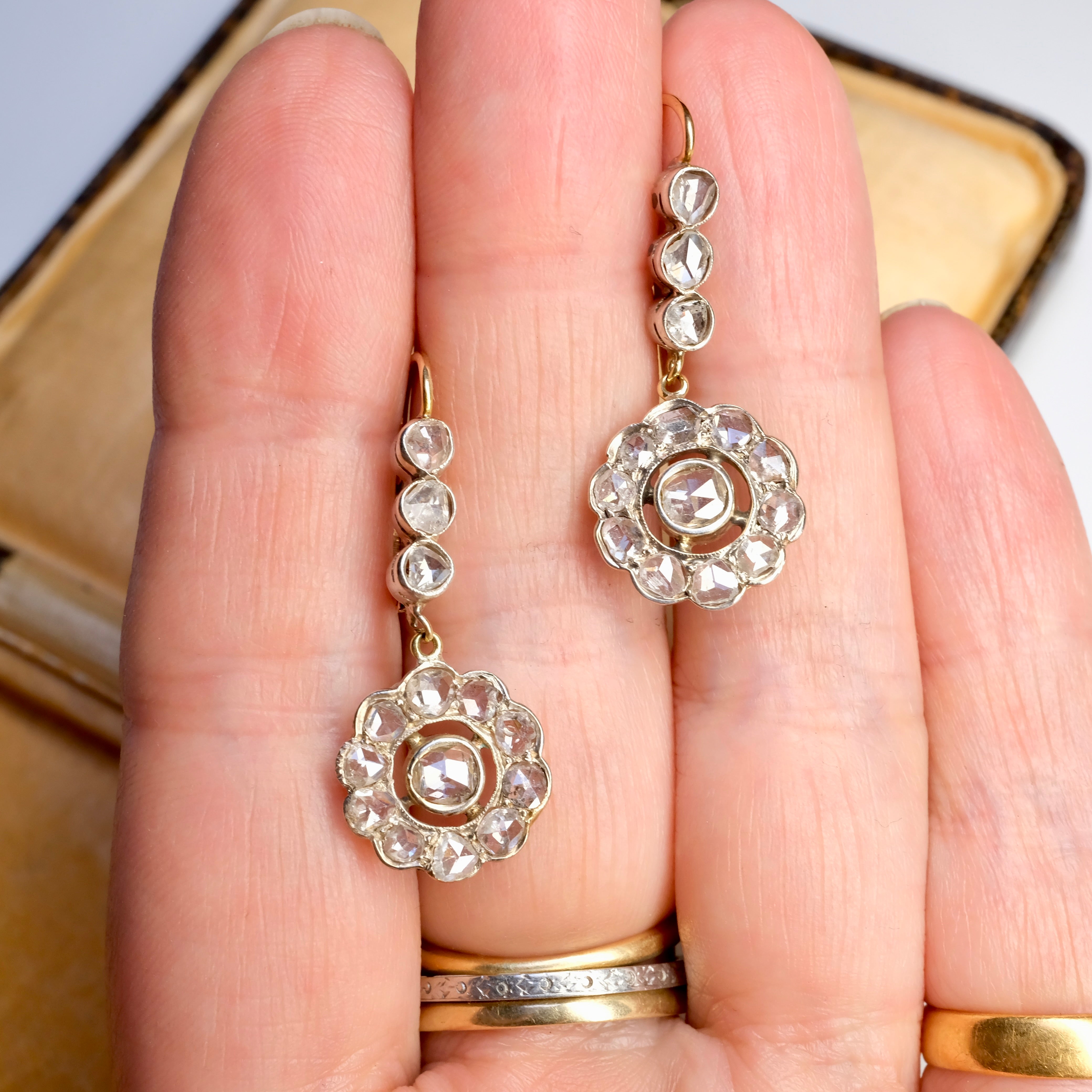 Victorian, 18ct Gold & Silver Rose Cut Diamond, Daisy Cluster Drop Earrings