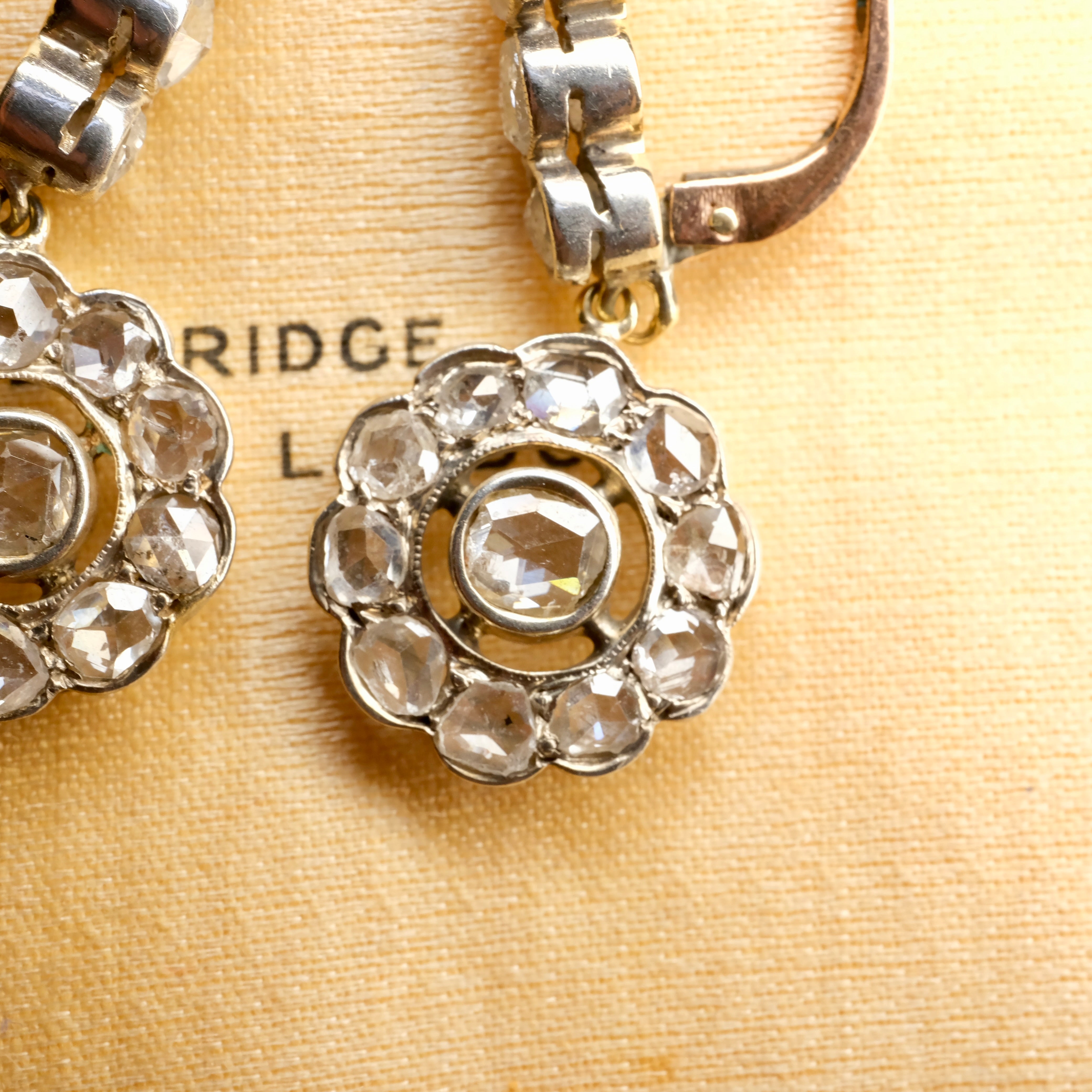 Victorian, 18ct Gold & Silver Rose Cut Diamond, Daisy Cluster Drop Earrings