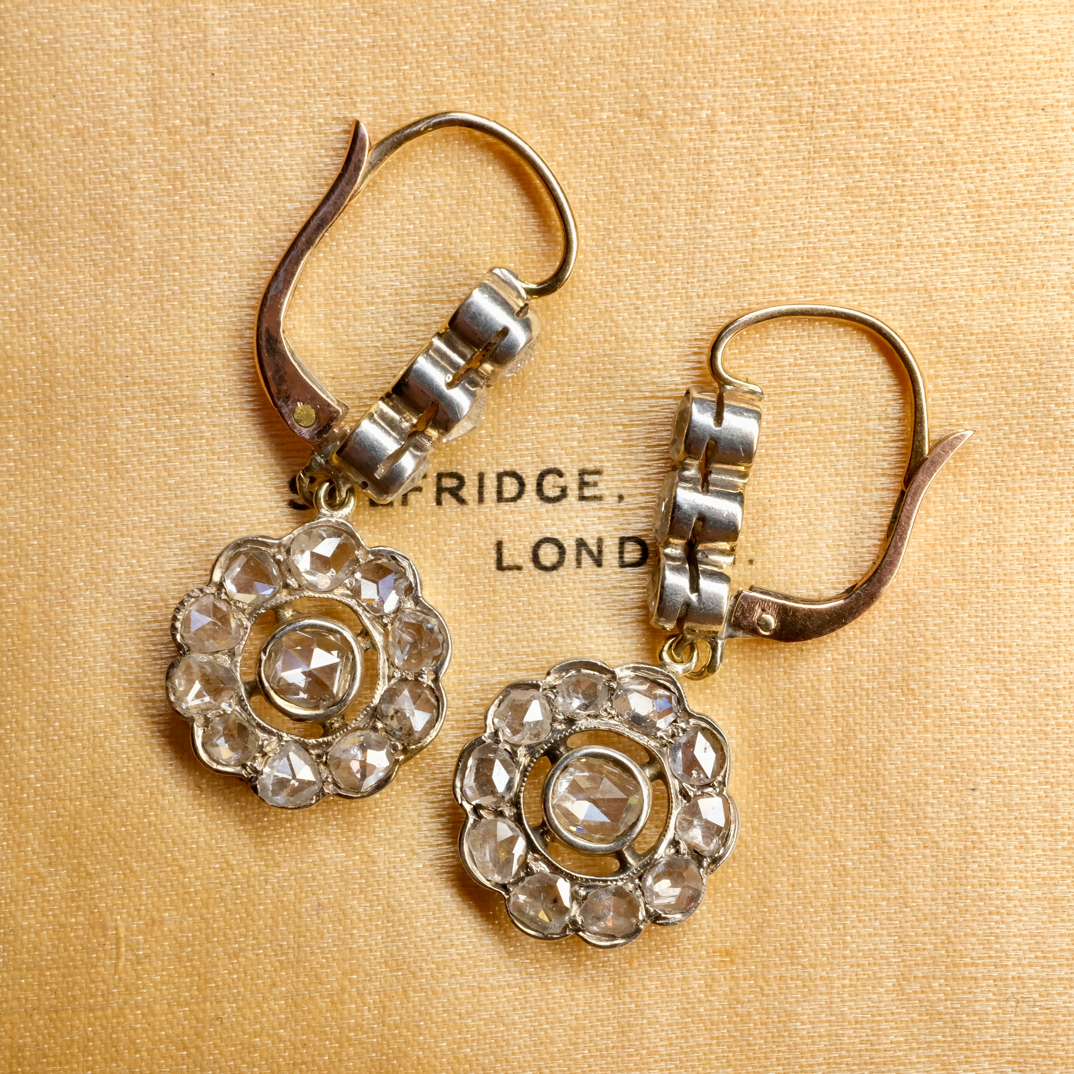 Victorian, 18ct Gold & Silver Rose Cut Diamond, Daisy Cluster Drop Earrings