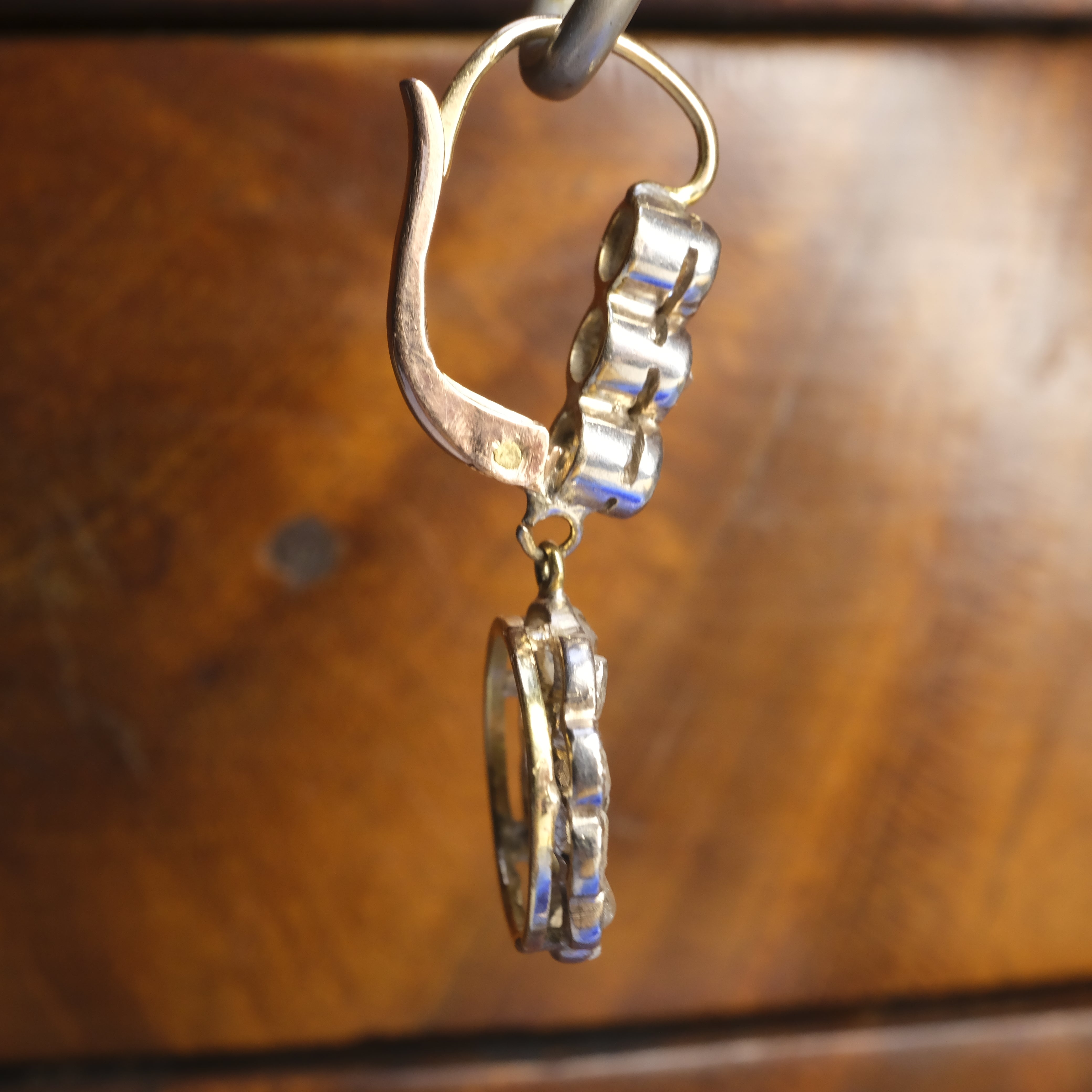 Victorian, 18ct Gold & Silver Rose Cut Diamond, Daisy Cluster Drop Earrings