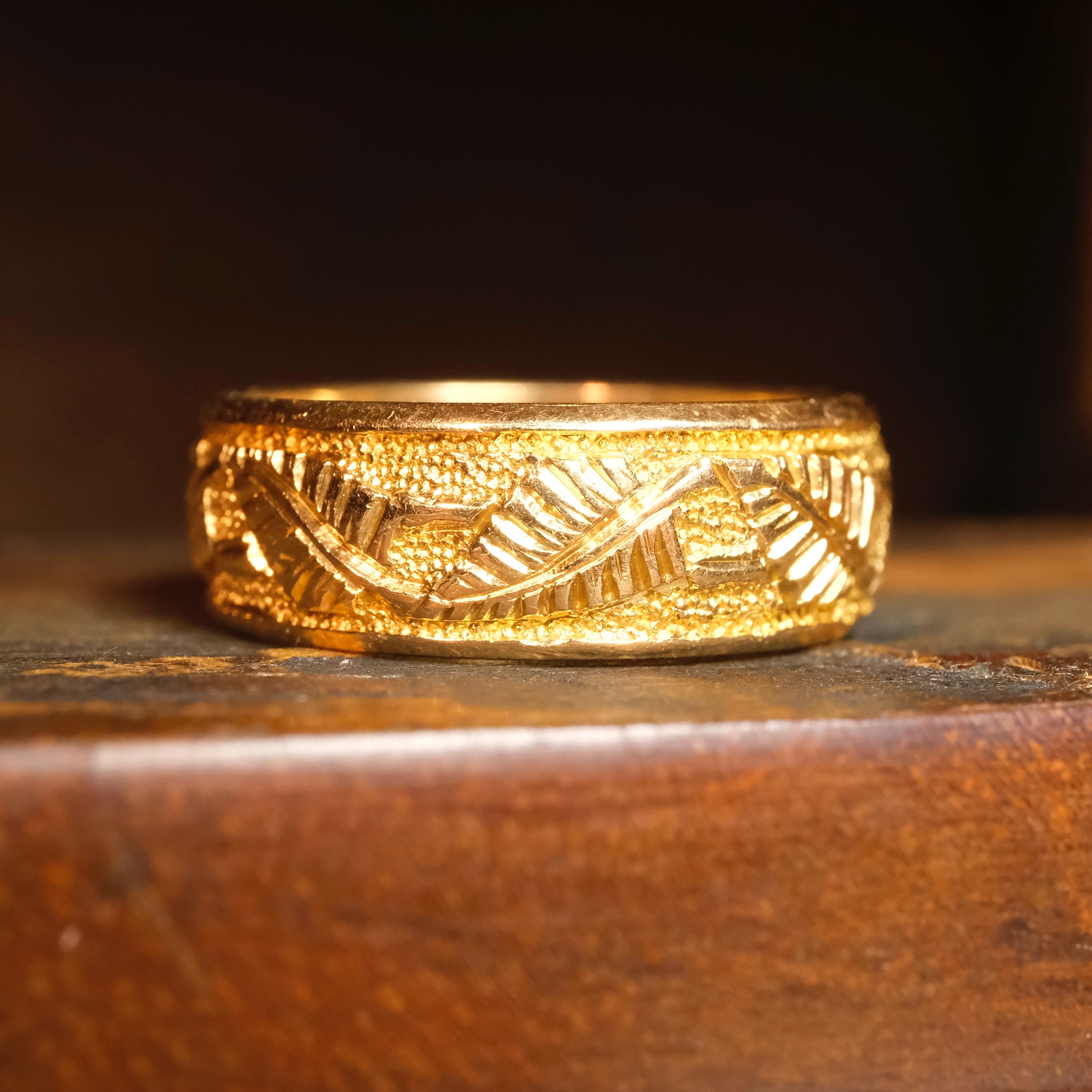 Victorian, 18ct Rose Gold, Fern Leaf, Embossed, Wide Band Ring, Hallmarked 1883