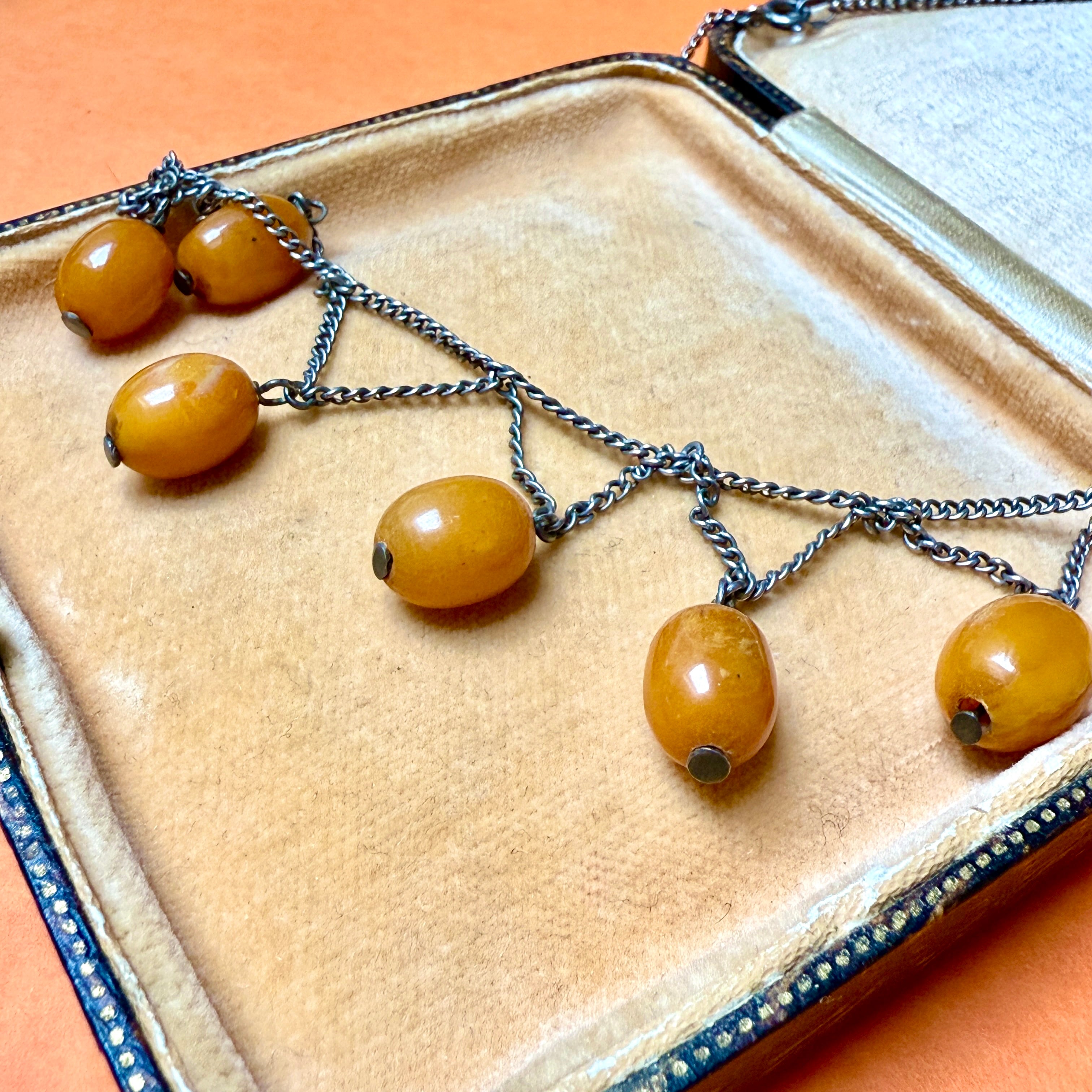 Antique, Early 20th Century, Egg Yolk Amber, Silver Festoon, Fringe, Necklace