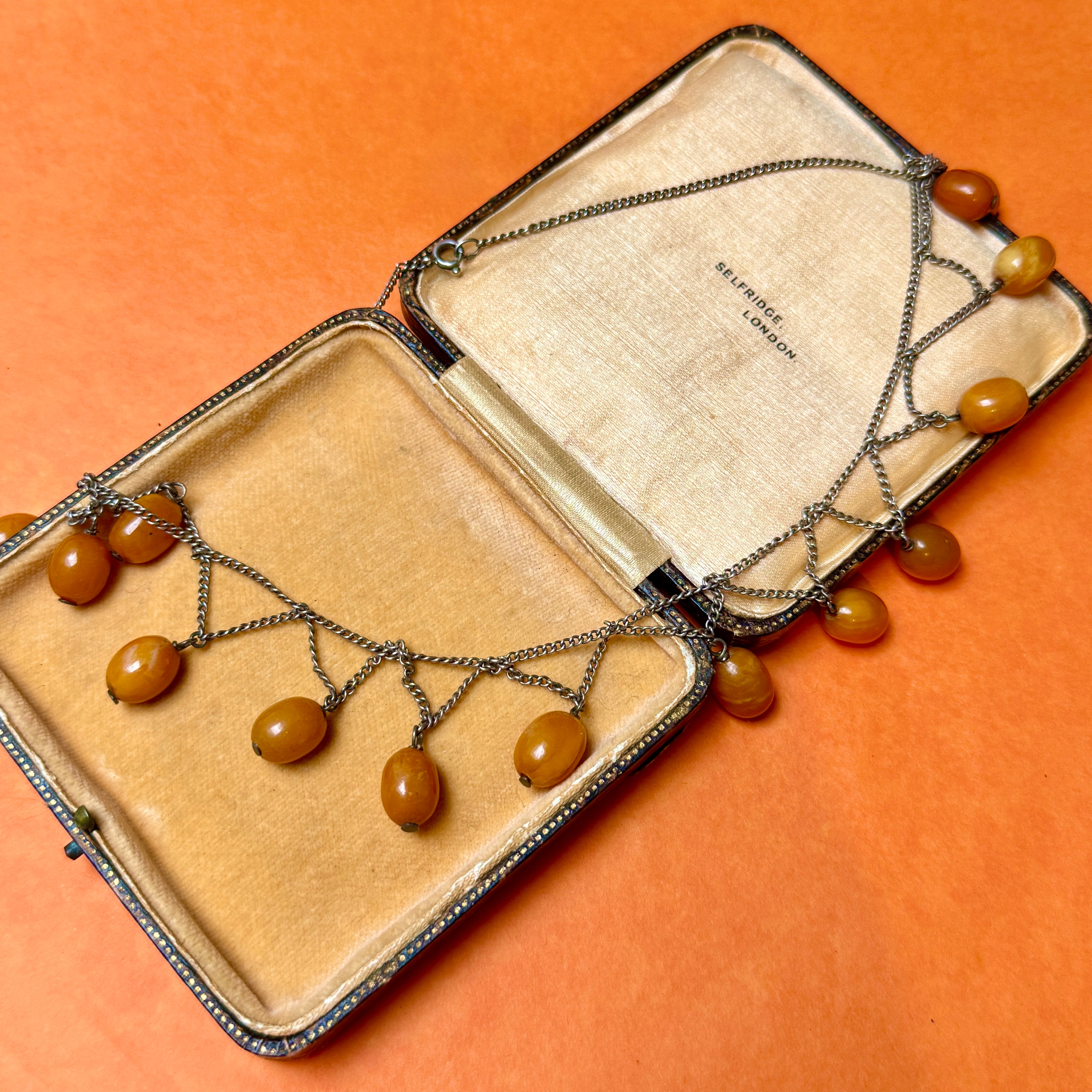 Antique, Early 20th Century, Egg Yolk Amber, Silver Festoon, Fringe, Necklace