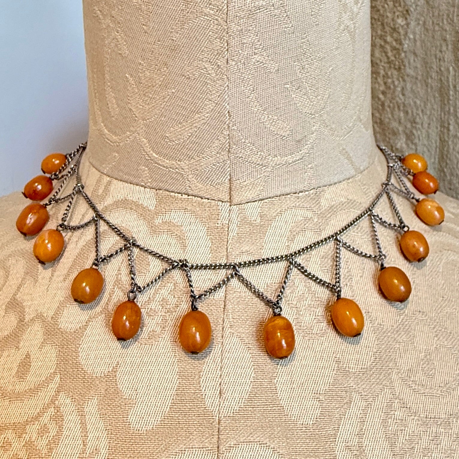 Antique, Early 20th Century, Egg Yolk Amber, Silver Festoon, Fringe, Necklace