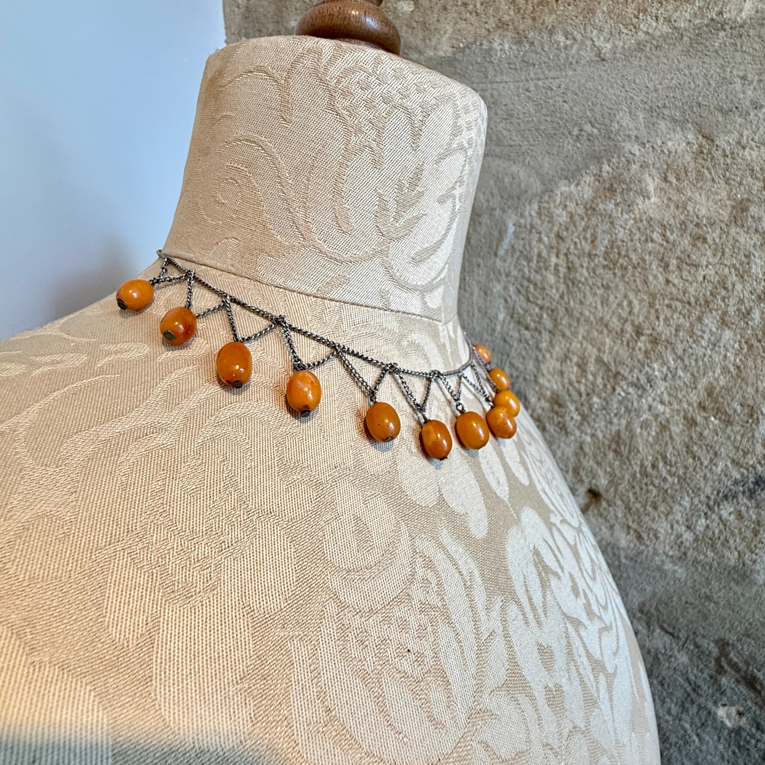 Antique, Early 20th Century, Egg Yolk Amber, Silver Festoon, Fringe, Necklace