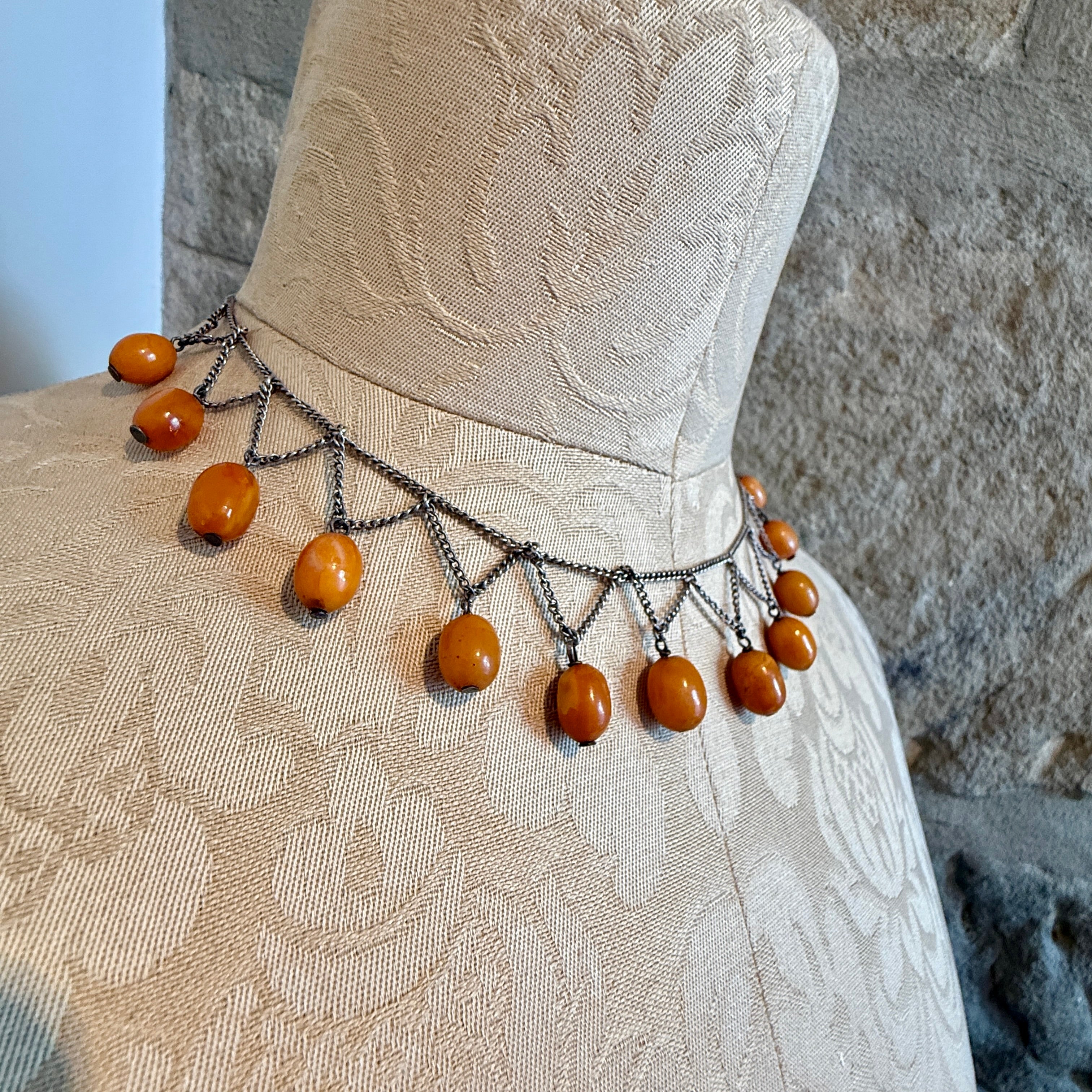 Antique, Early 20th Century, Egg Yolk Amber, Silver Festoon, Fringe, Necklace