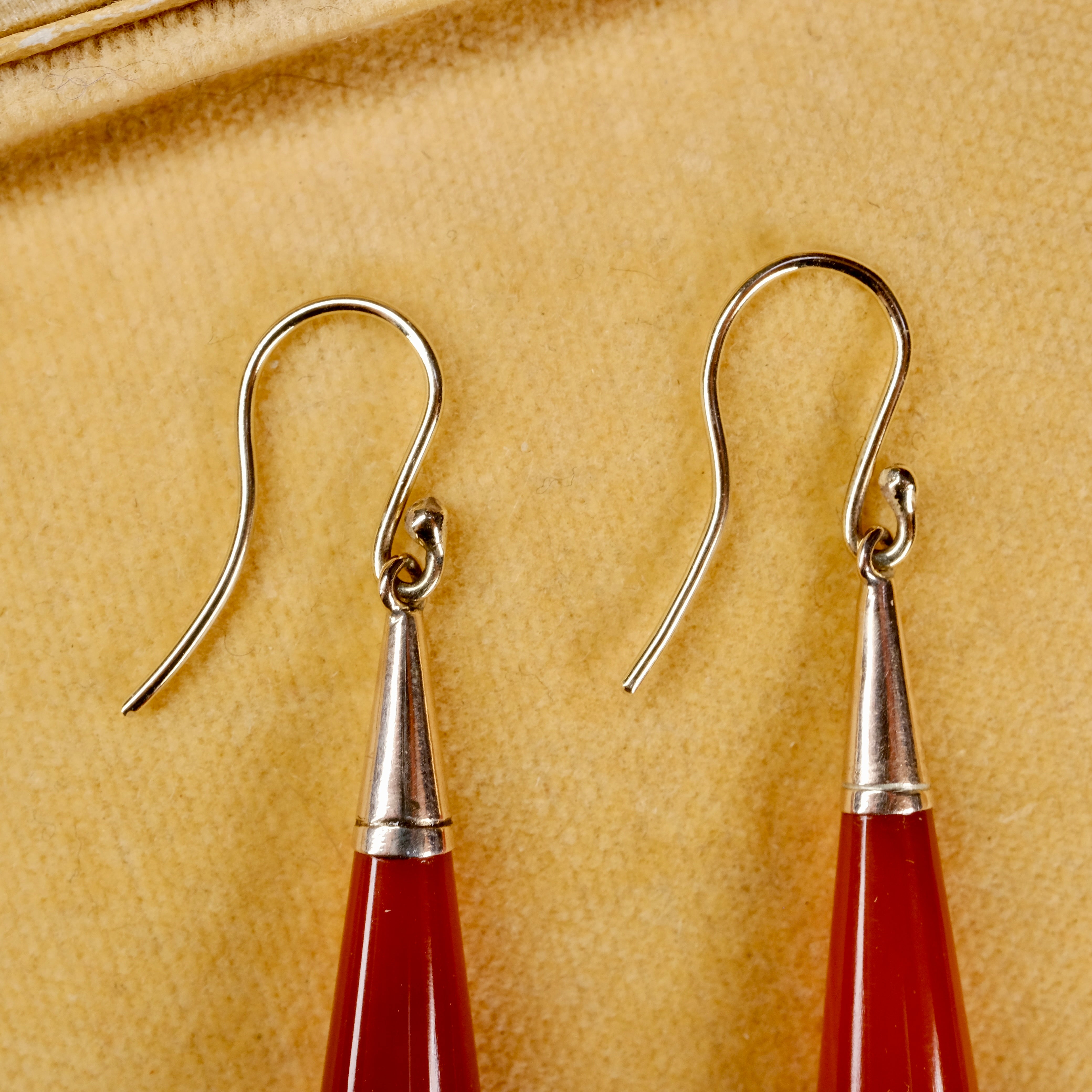 Antique, Large 9ct Gold & Carnelian, Long Torpedo Drop Earrings