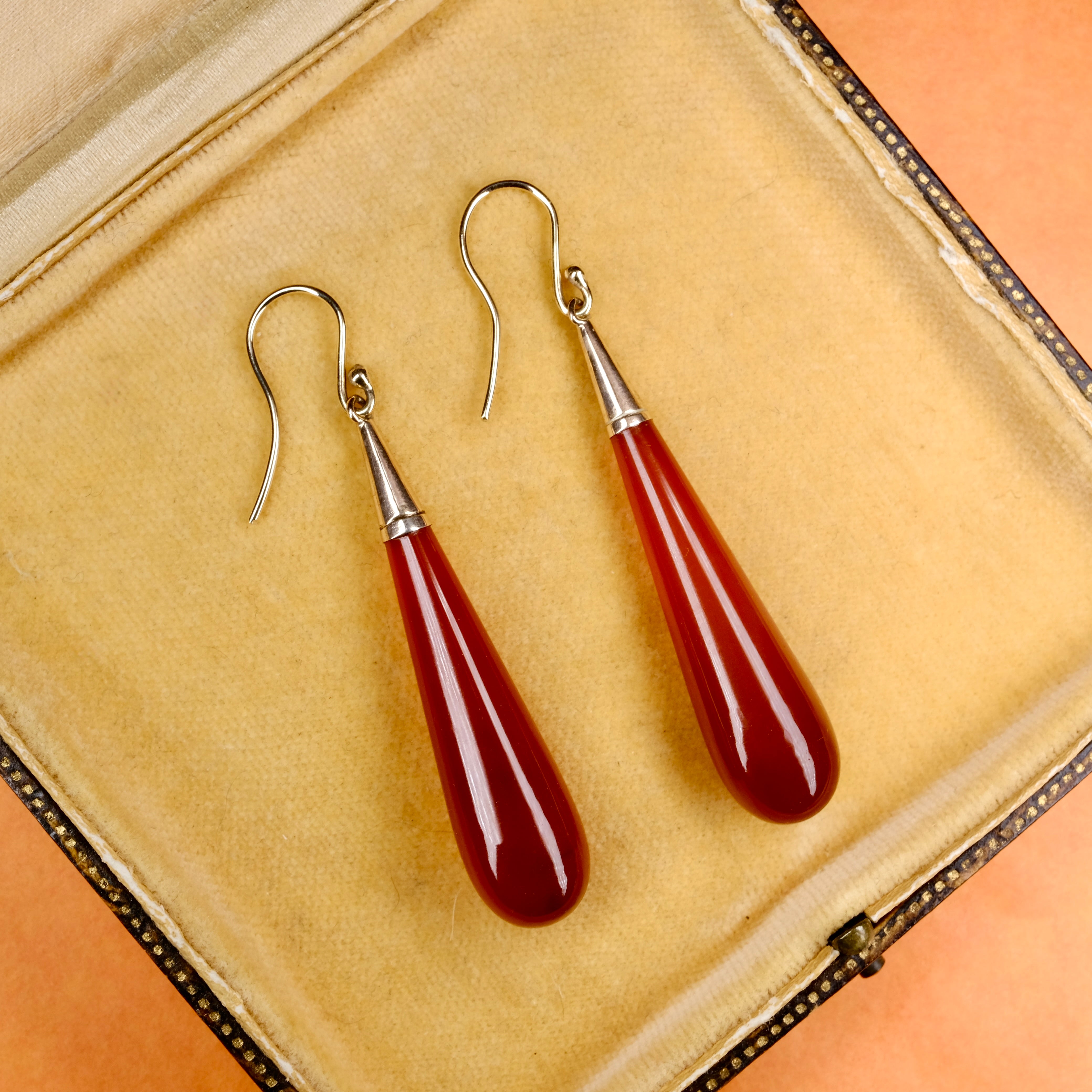 Antique, Large 9ct Gold & Carnelian, Long Torpedo Drop Earrings