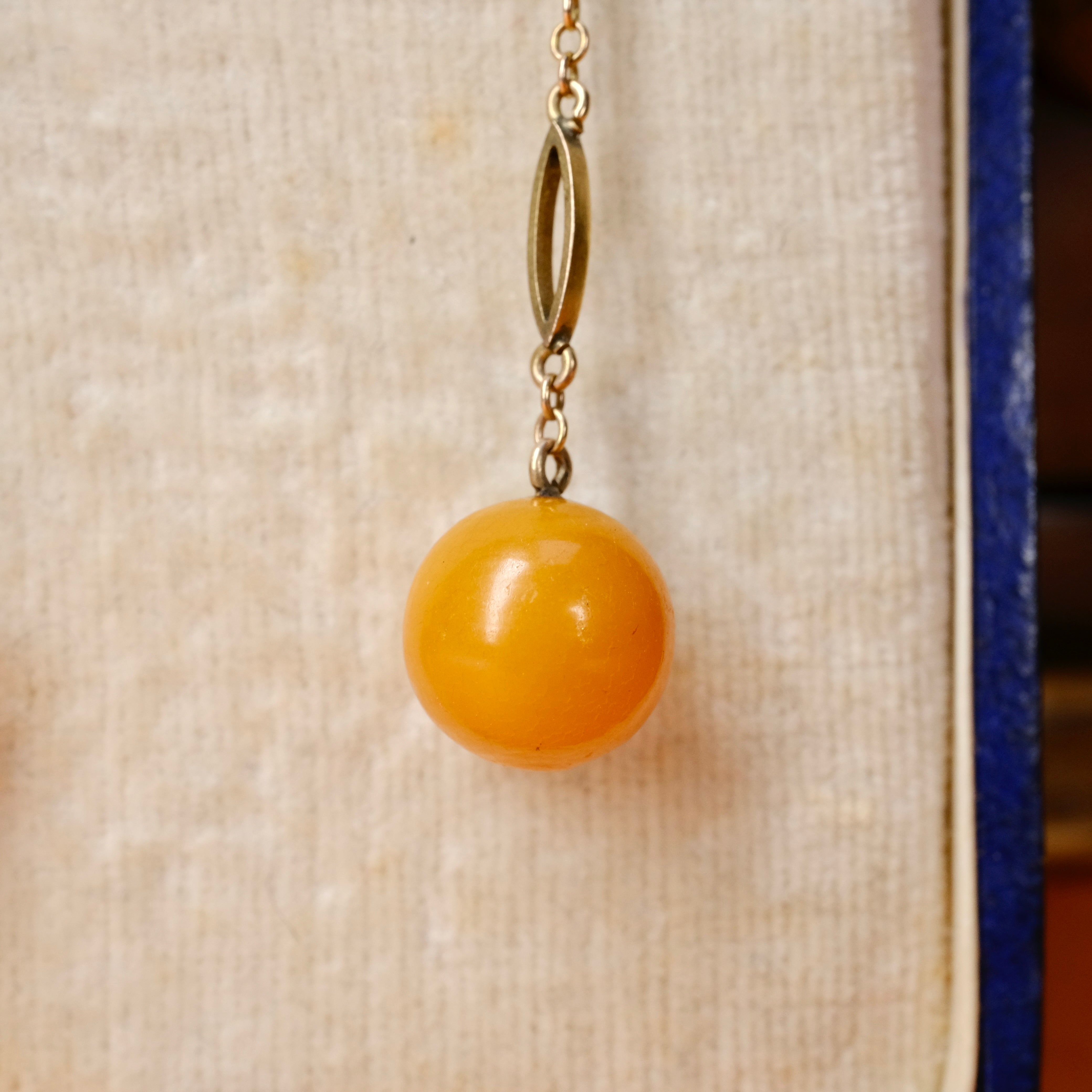 1920s Art Deco, 9ct Gold, Egg Yolk Amber Long Drop Earrings