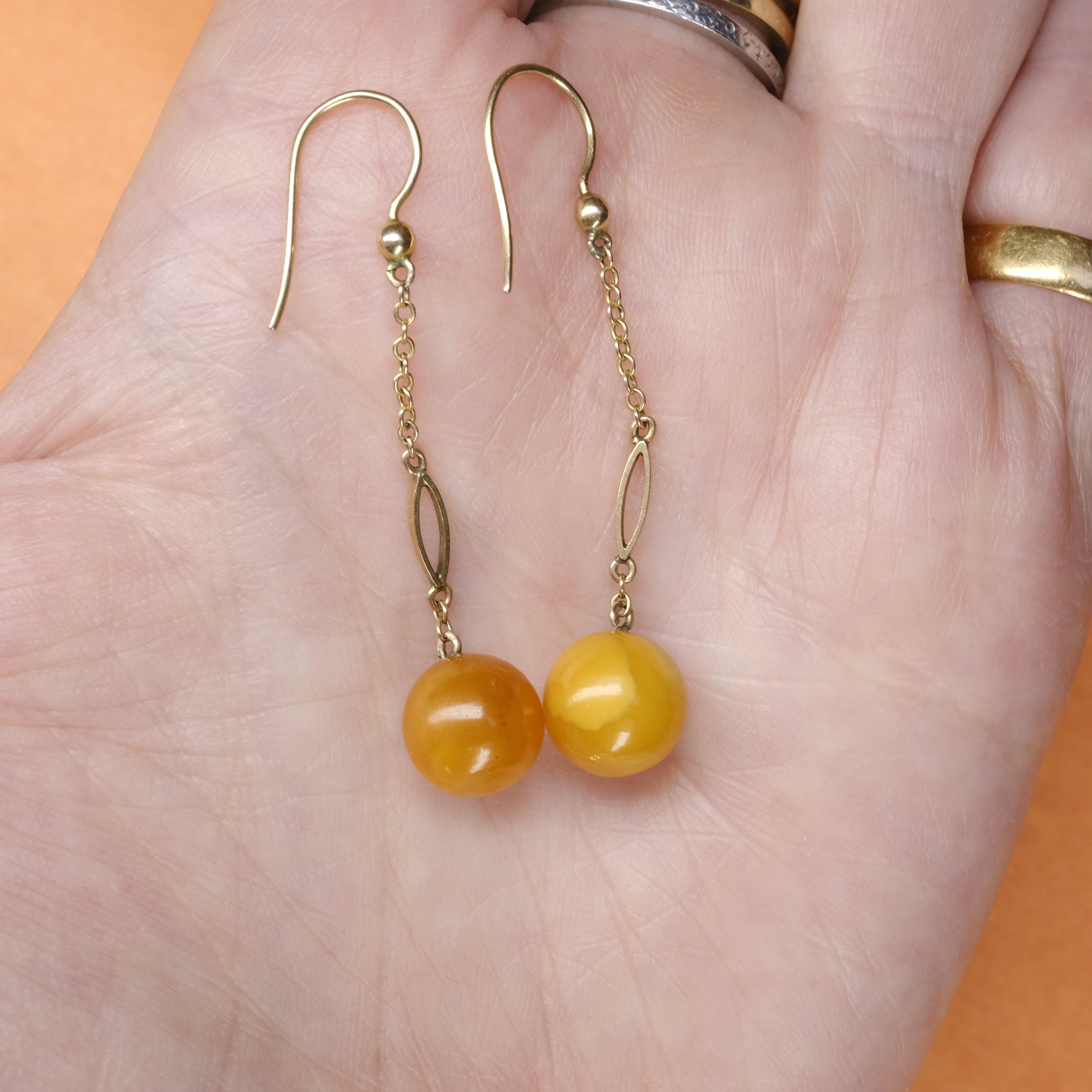 1920s Art Deco, 9ct Gold, Egg Yolk Amber Long Drop Earrings