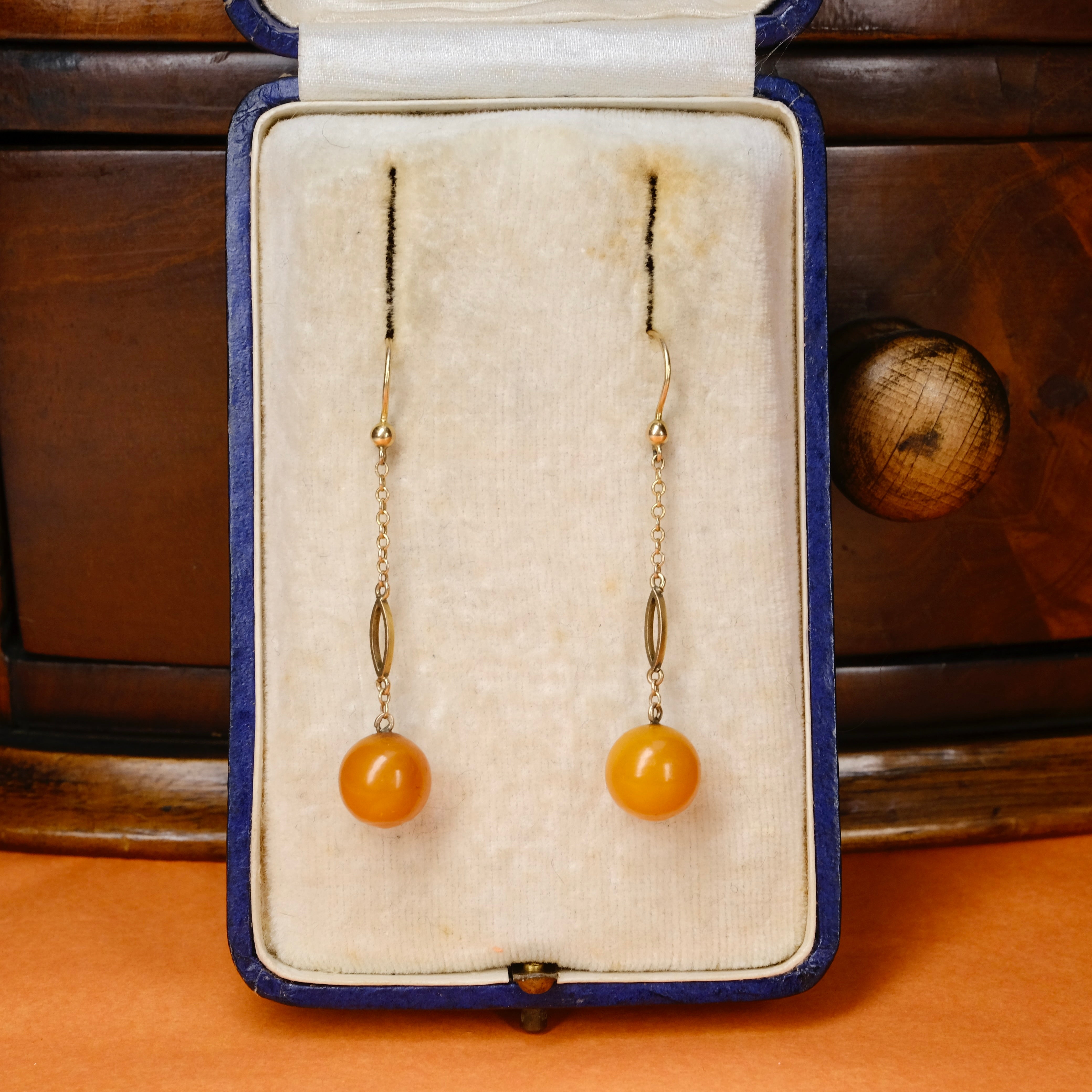 1920s Art Deco, 9ct Gold, Egg Yolk Amber Long Drop Earrings