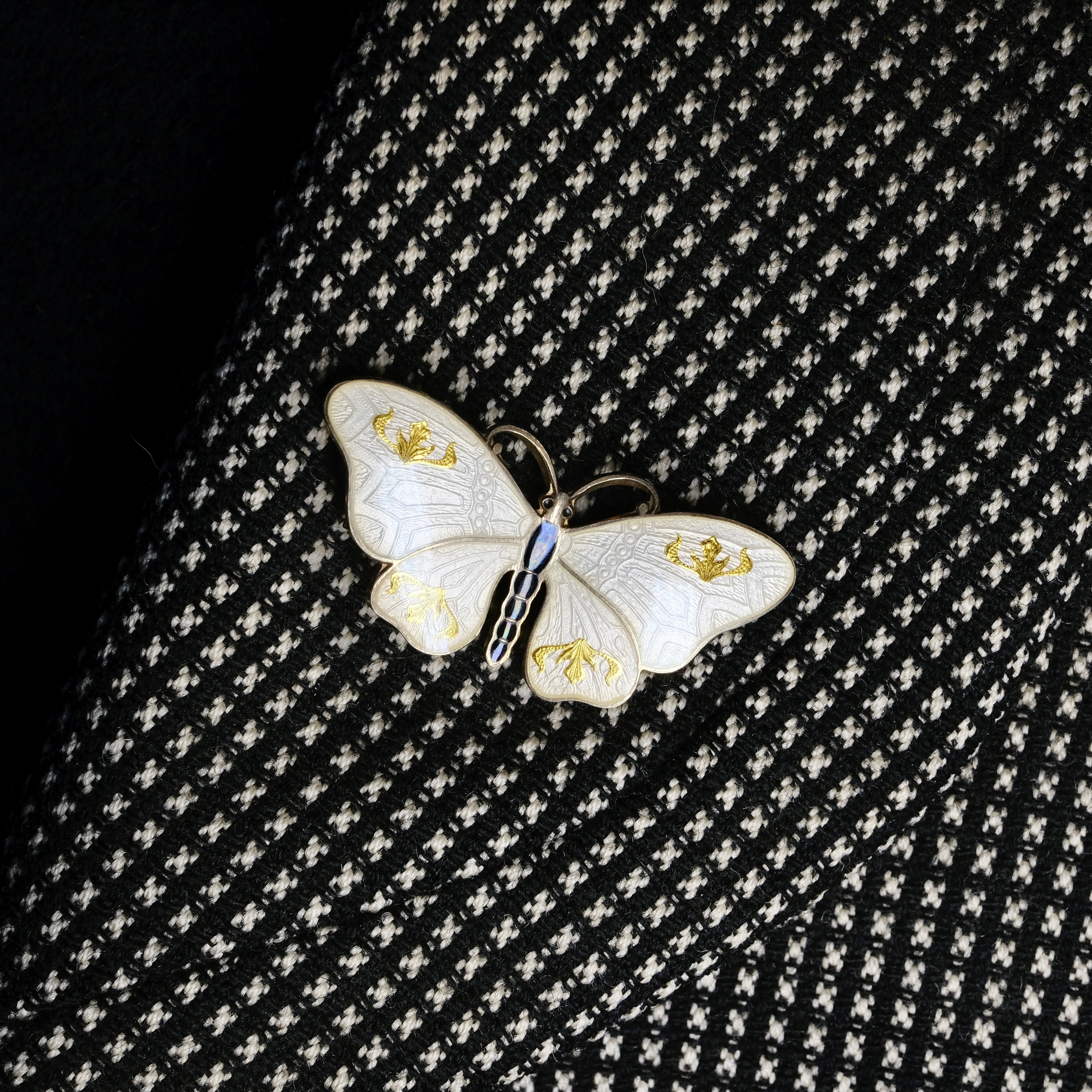 Art Deco Guilloche Enamel, O.F. Hjortdahl Sterling Silver, Butterfly Brooch