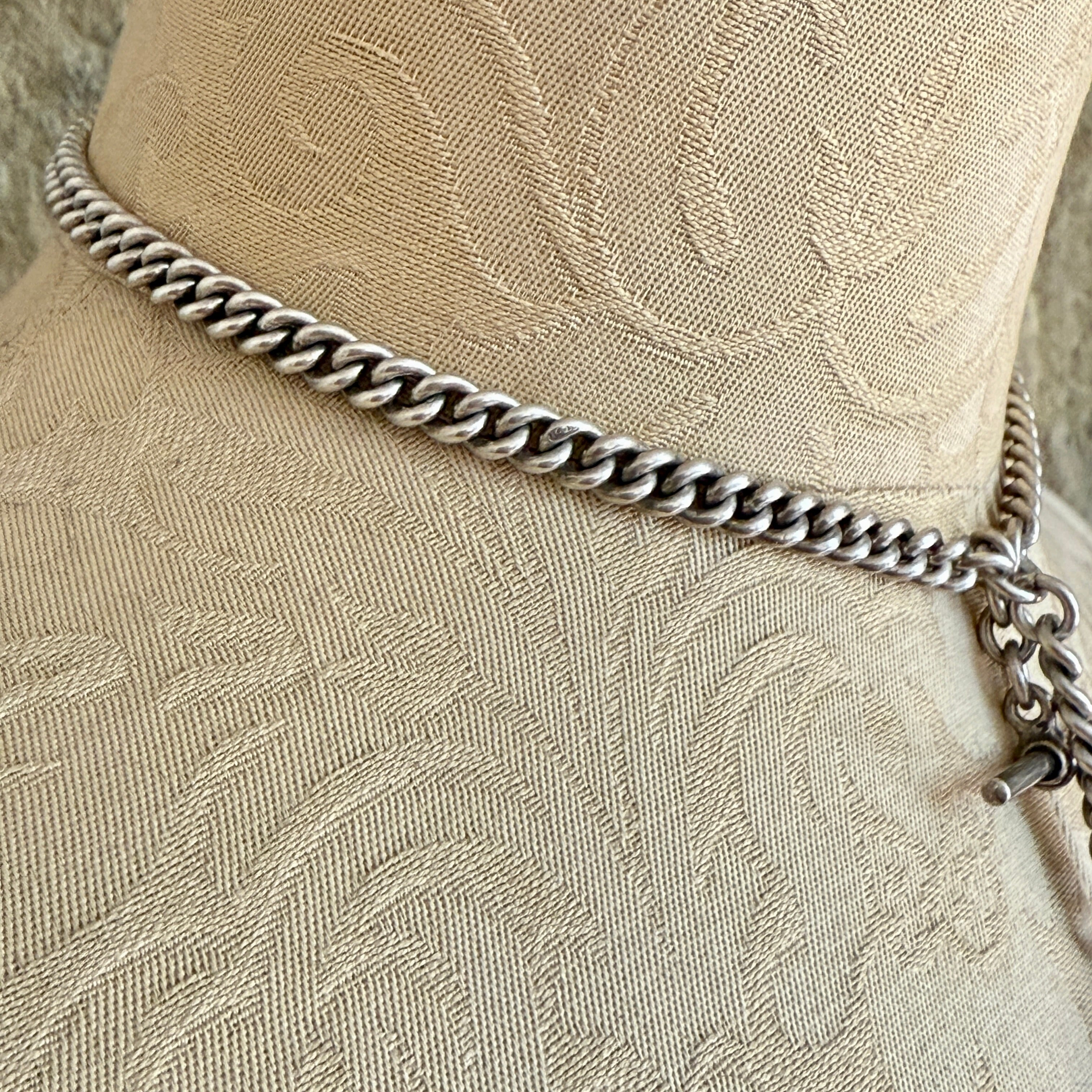 Antique, Heavy, Sterling Silver, Double Albert Watch Chain With Swivel Fob, 63 Grams