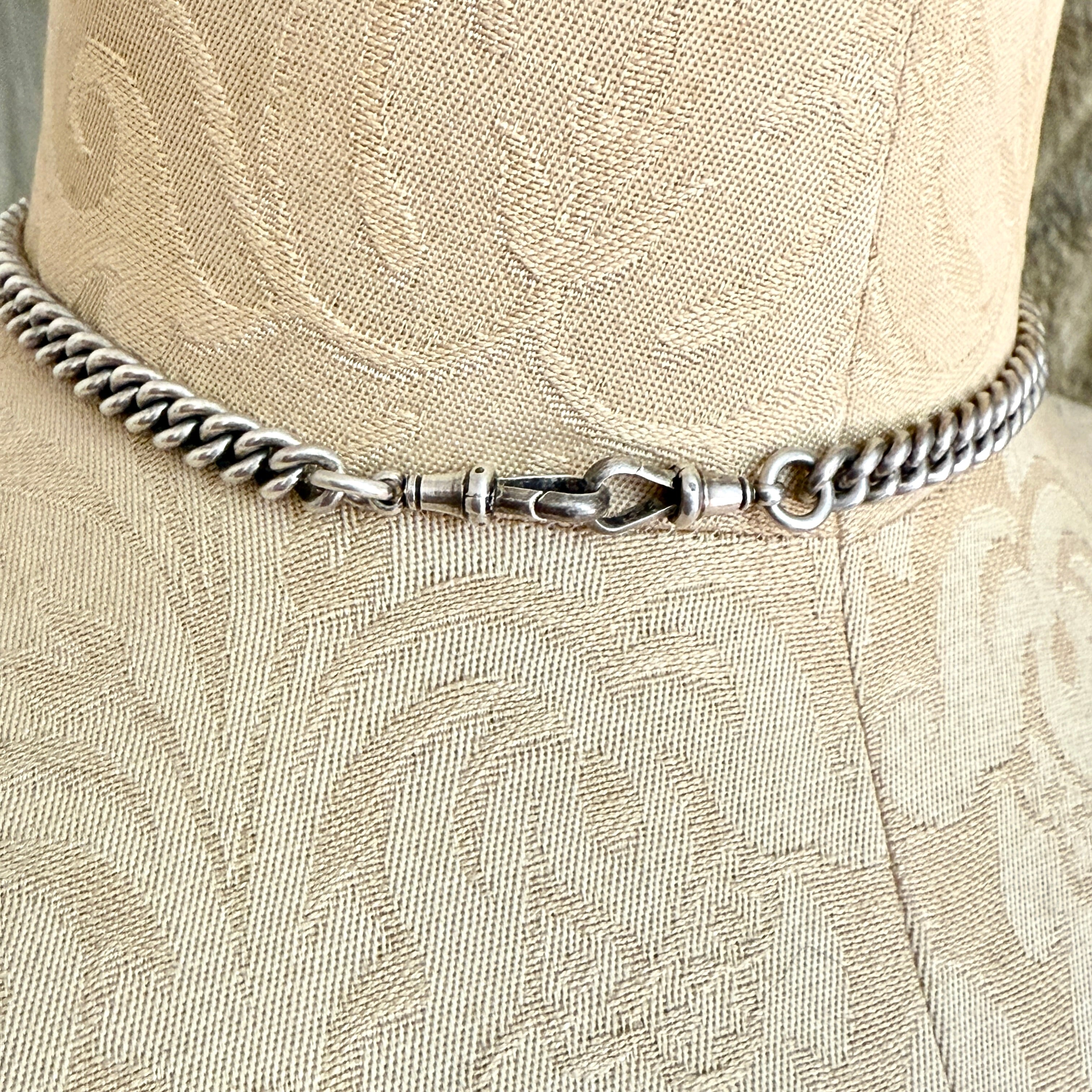 Antique, Heavy, Sterling Silver, Double Albert Watch Chain With Swivel Fob, 63 Grams
