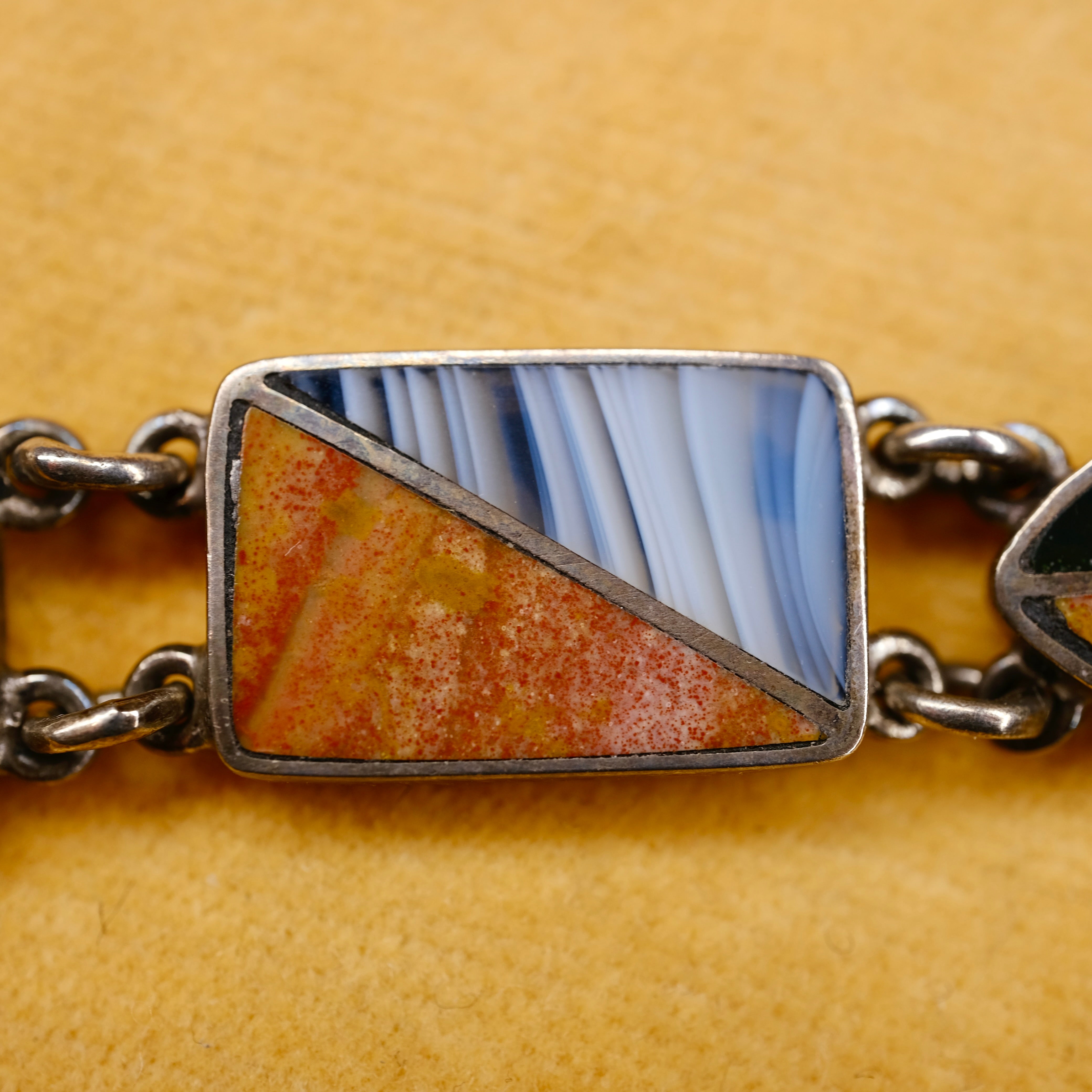 1920s Scottish Agate Sterling Silver Panel Bracelet, Hallmarked in 1925