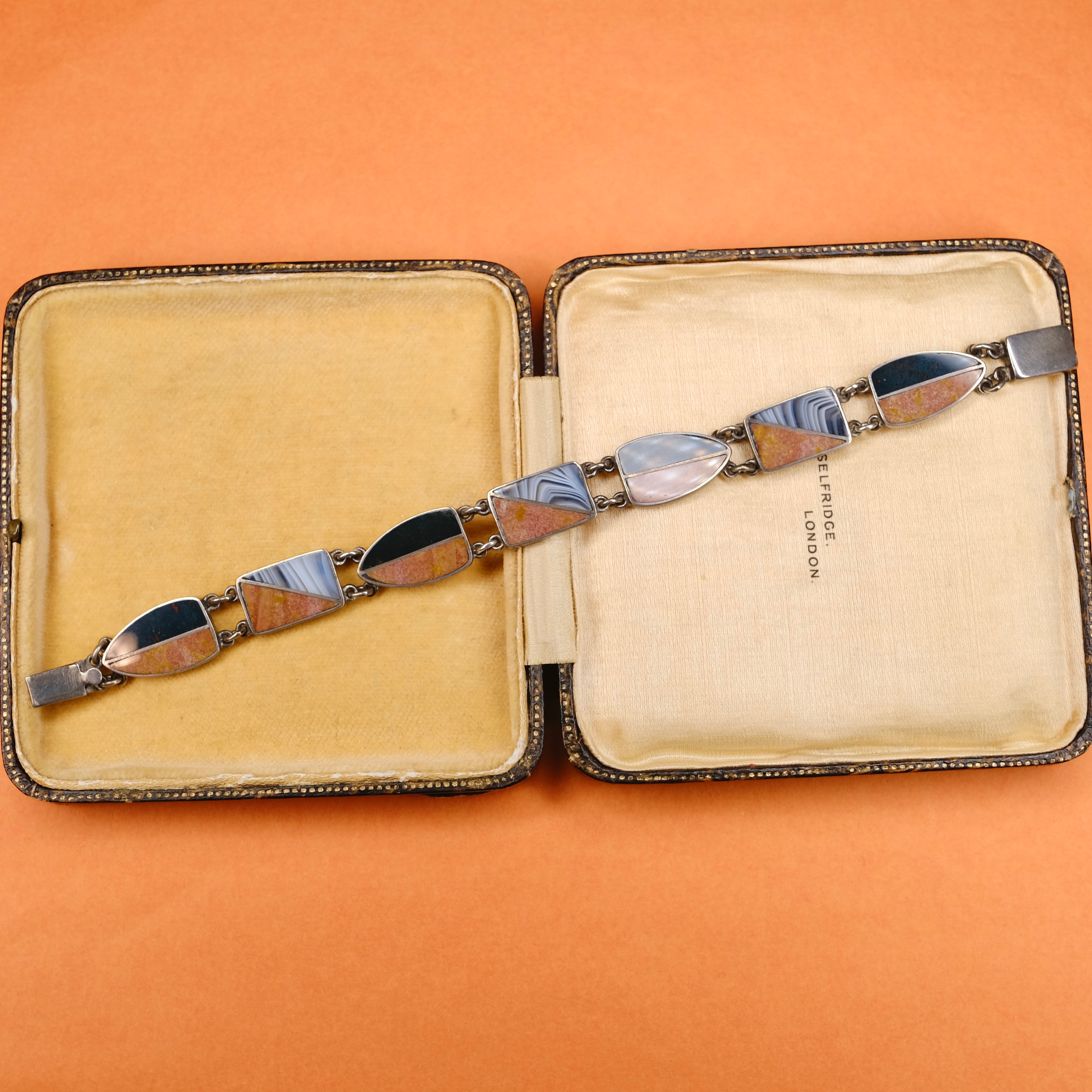 1920s Scottish Agate Sterling Silver Panel Bracelet, Hallmarked in 1925