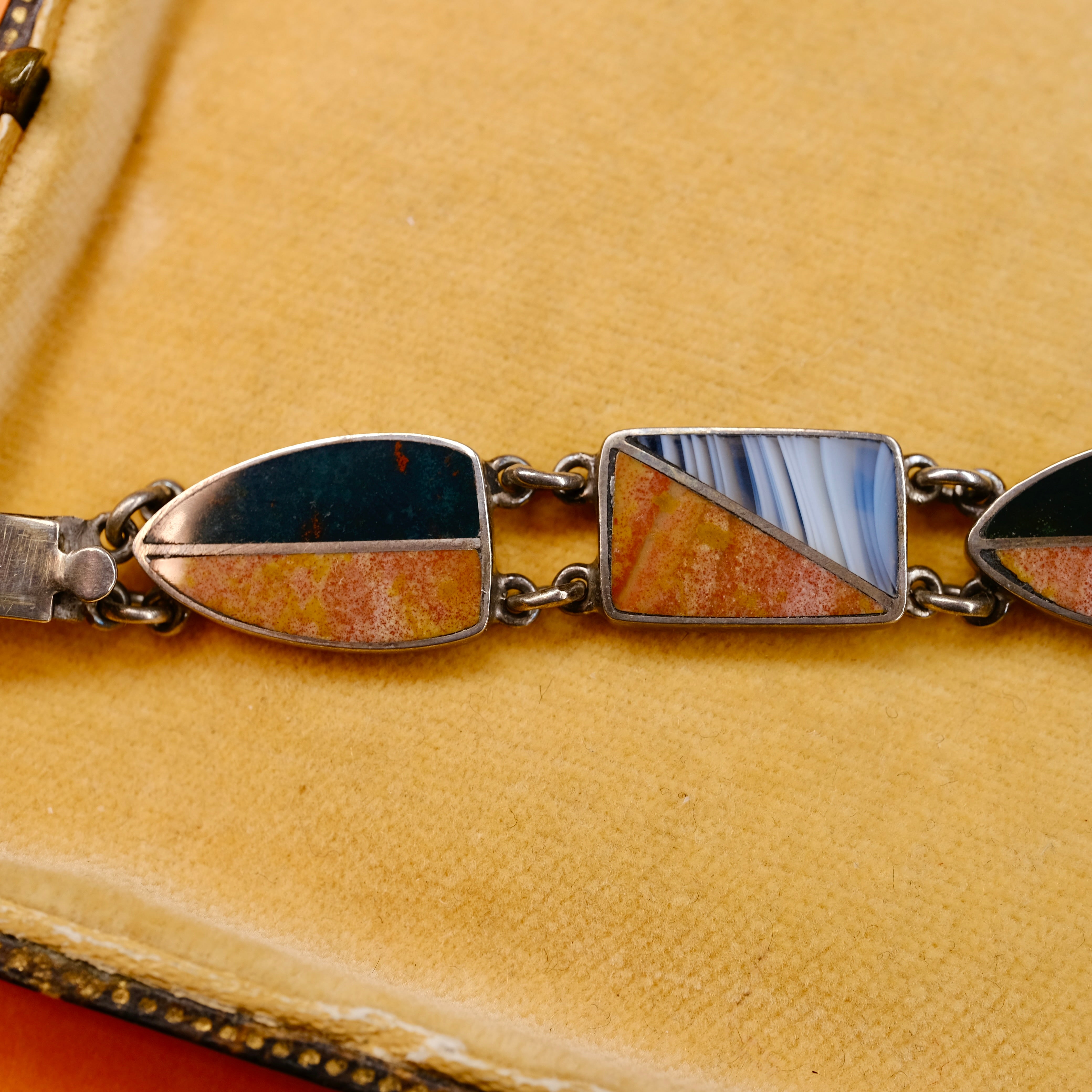 1920s Scottish Agate Sterling Silver Panel Bracelet, Hallmarked in 1925