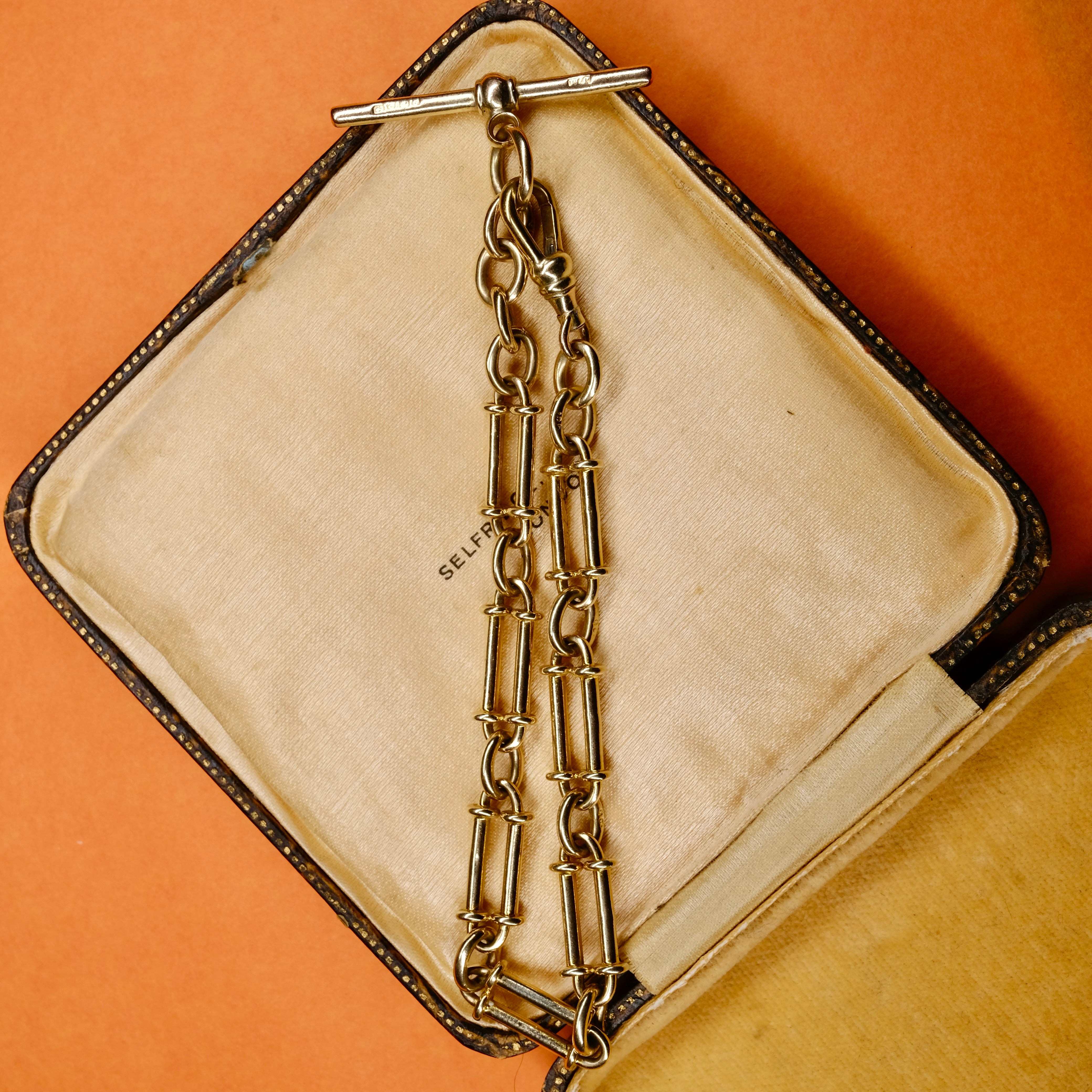 Antique 9ct Gold, Trombone Link Watch Chain Bracelet, With Dog Clip Clasp and T Bar, 22.3 Grams