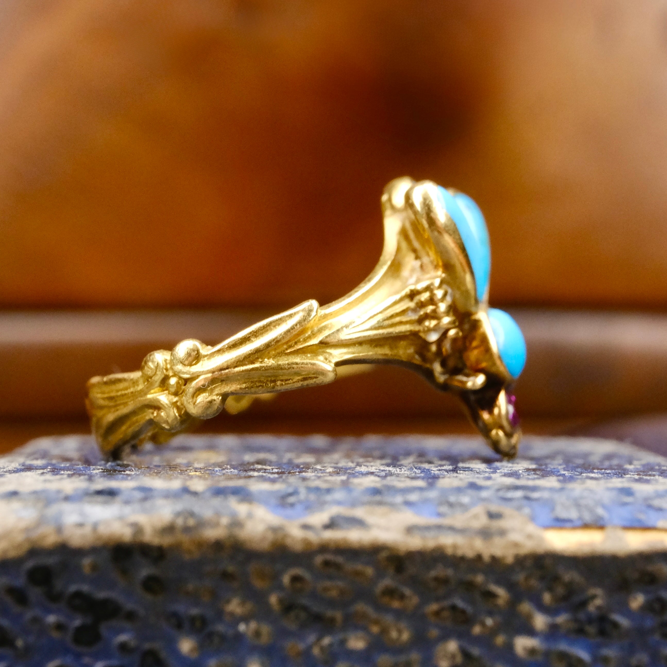 Very Rare Victorian 18ct Gold, Ruby & Turquoise Fly Ring
