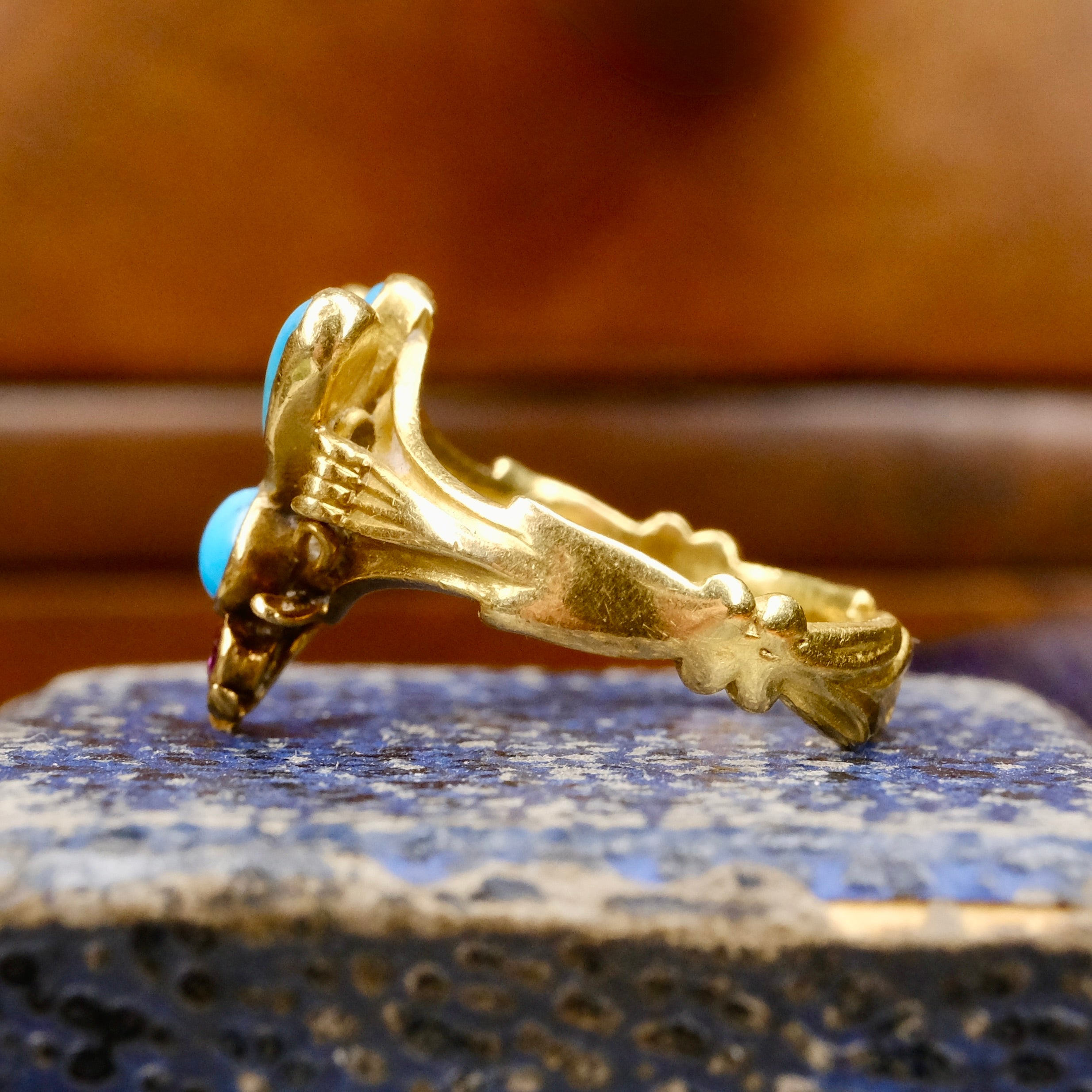 Very Rare Victorian 18ct Gold, Ruby & Turquoise Fly Ring