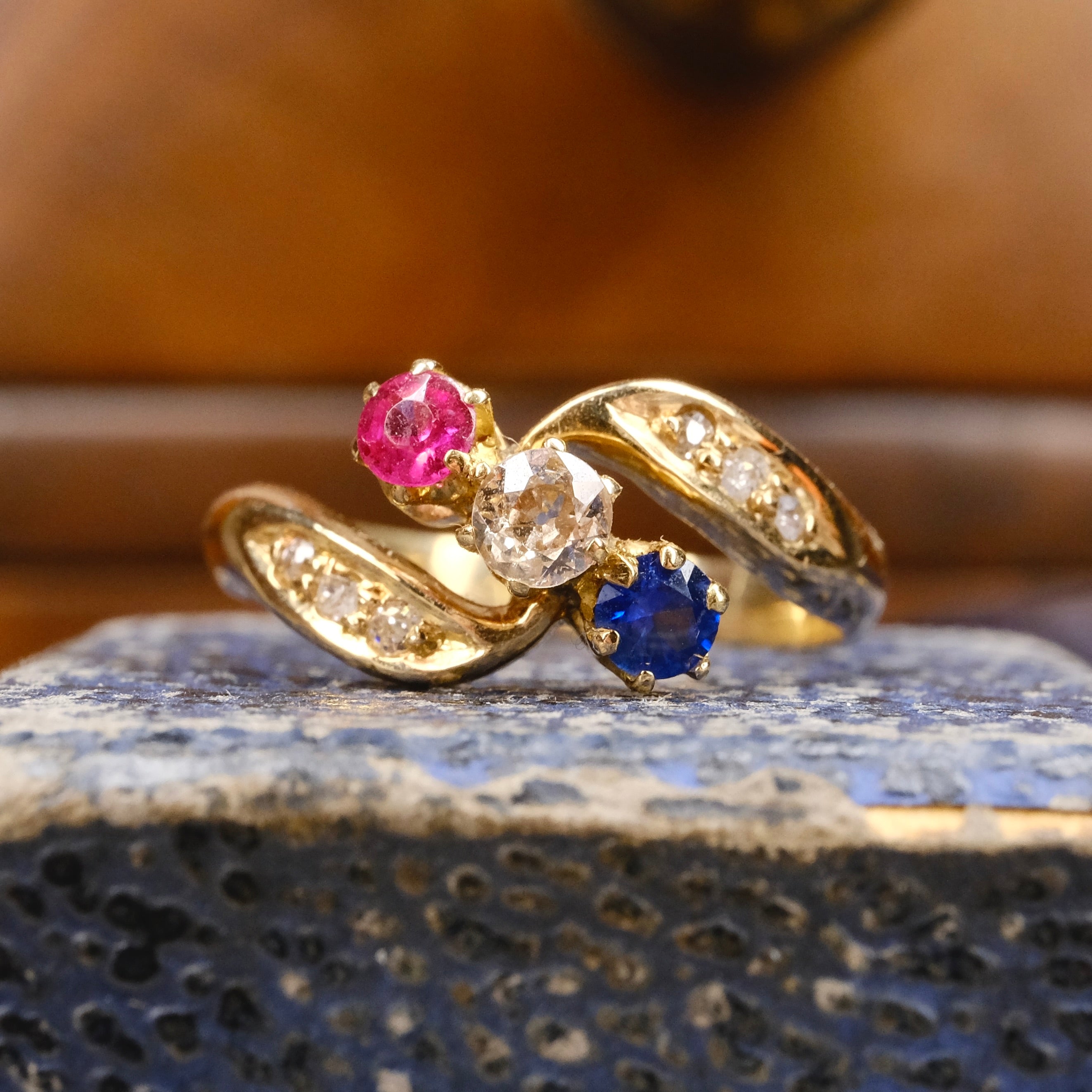 Antique, Edwardian 18ct Gold, Ruby, Sapphire & Old Cut Diamond, Bypass Ring