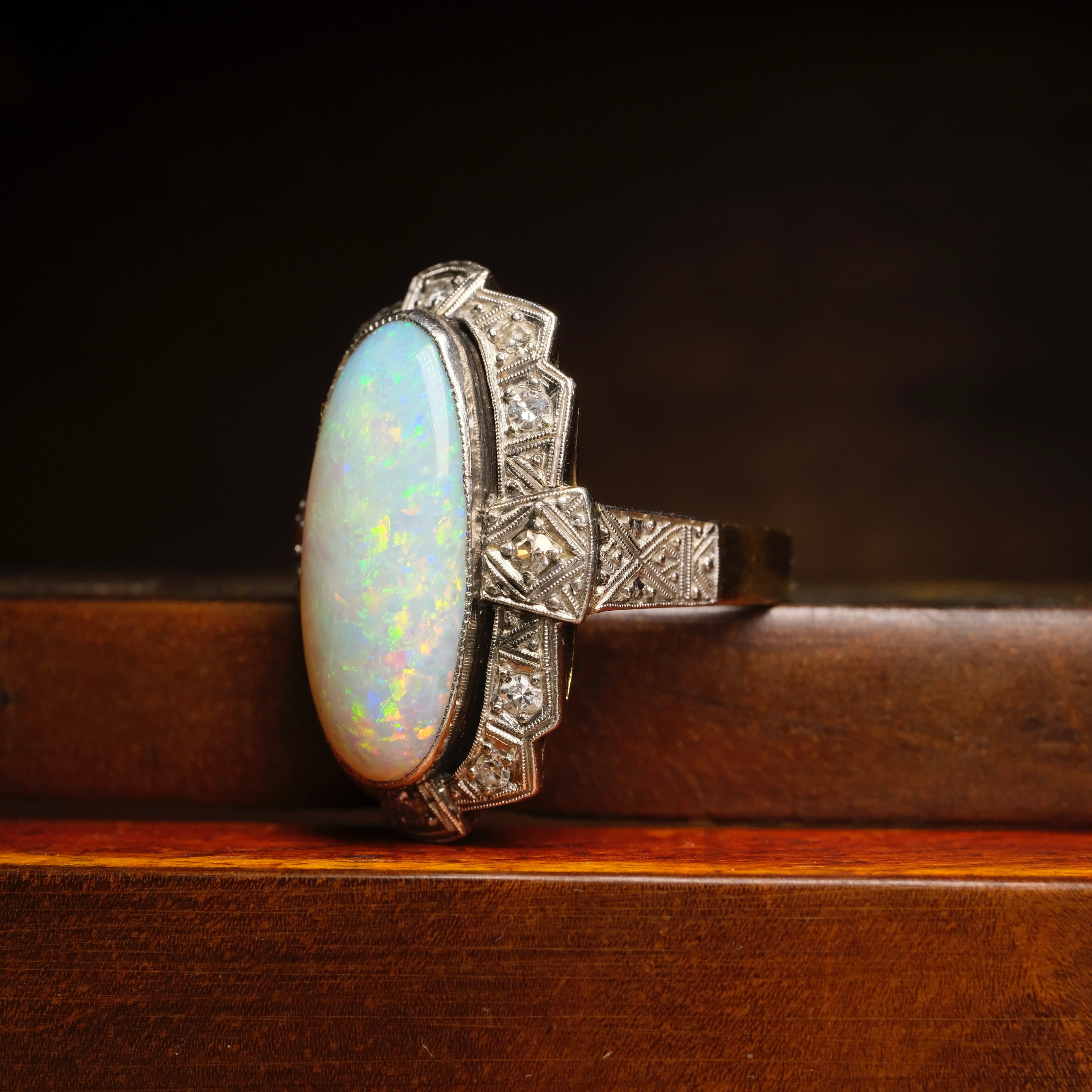 Huge Original Art deco 14ct Gold Opal & Diamond Statement Ring