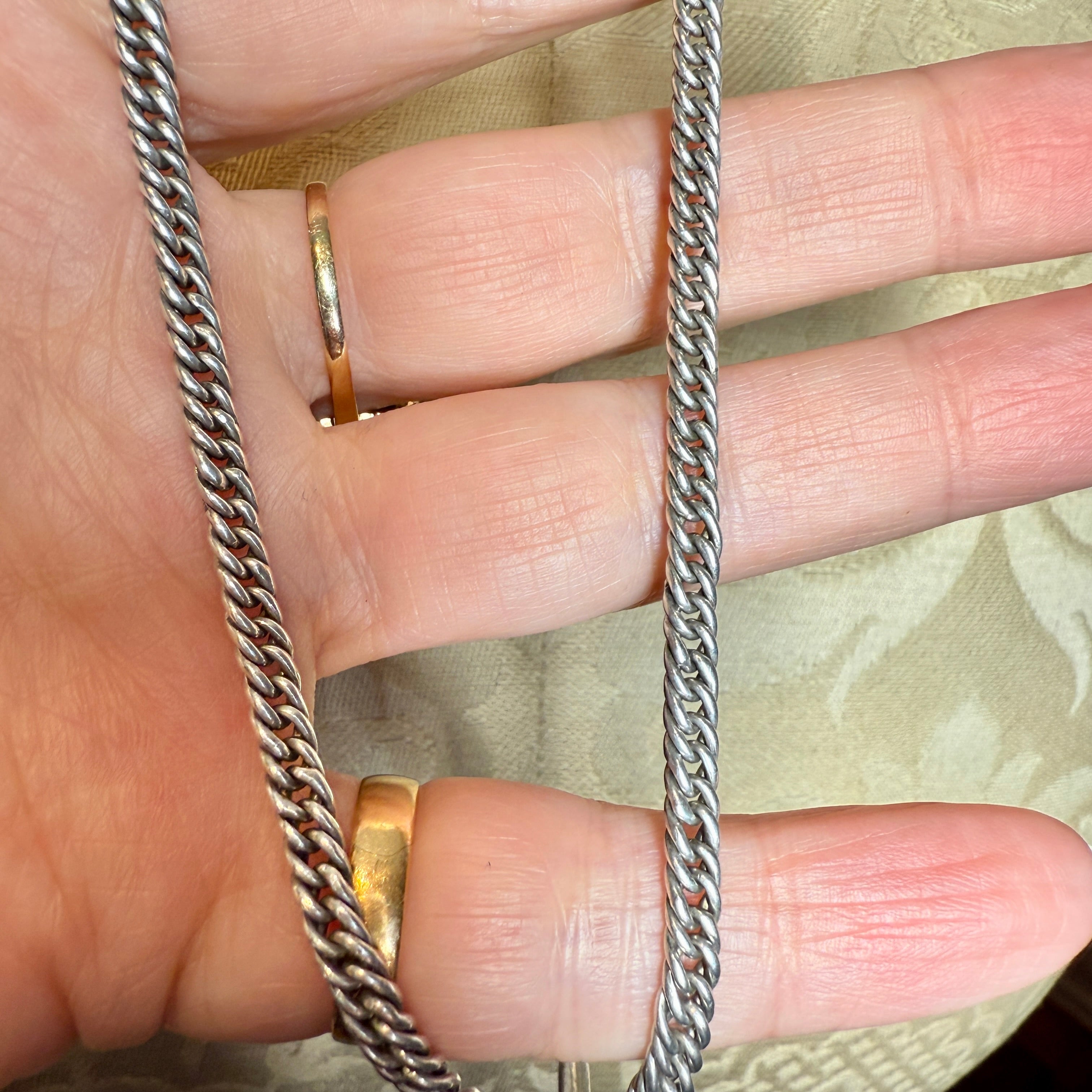 Antique Sterling Silver, Flat Curb Link Guard Chain Necklace