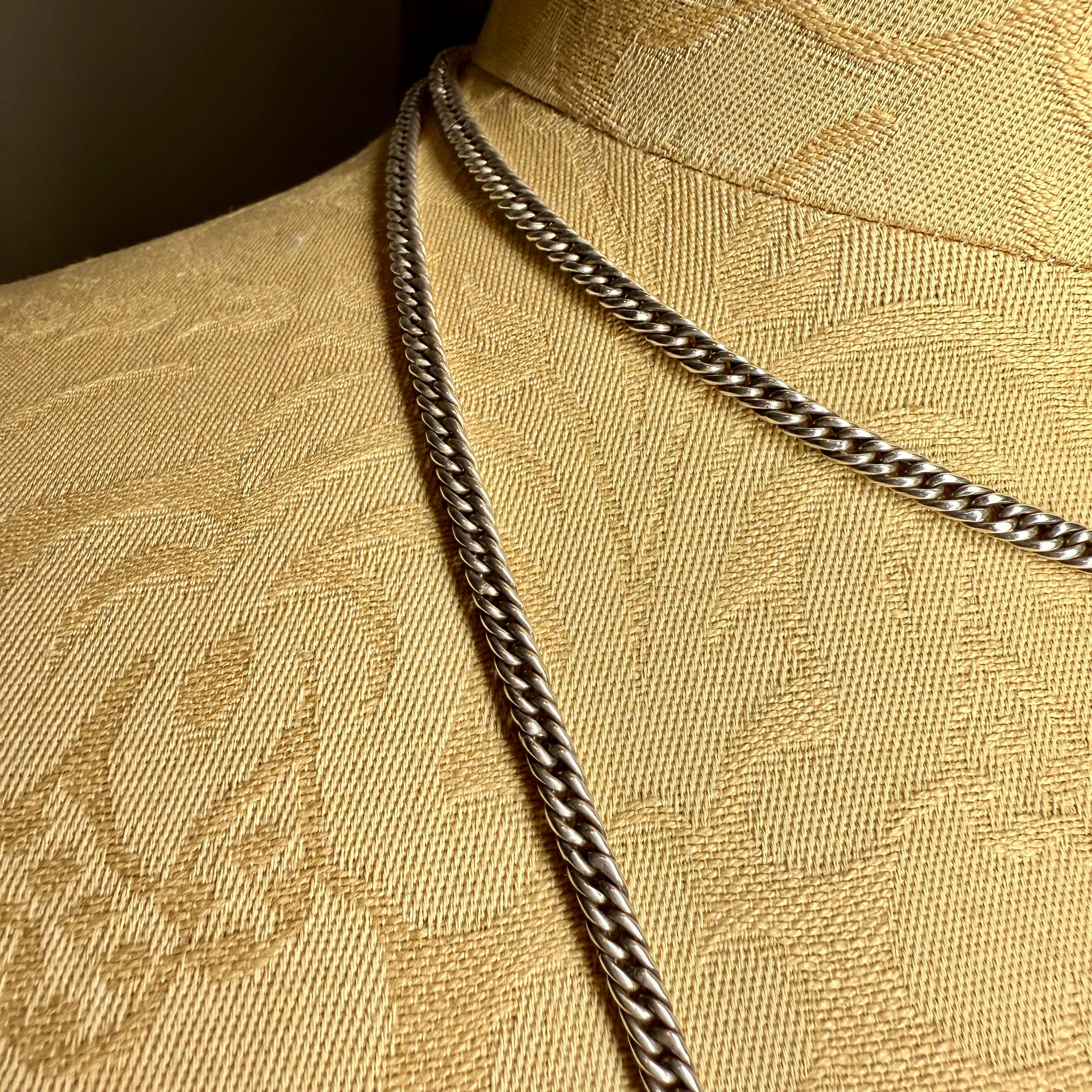 Antique Sterling Silver, Flat Curb Link Guard Chain Necklace