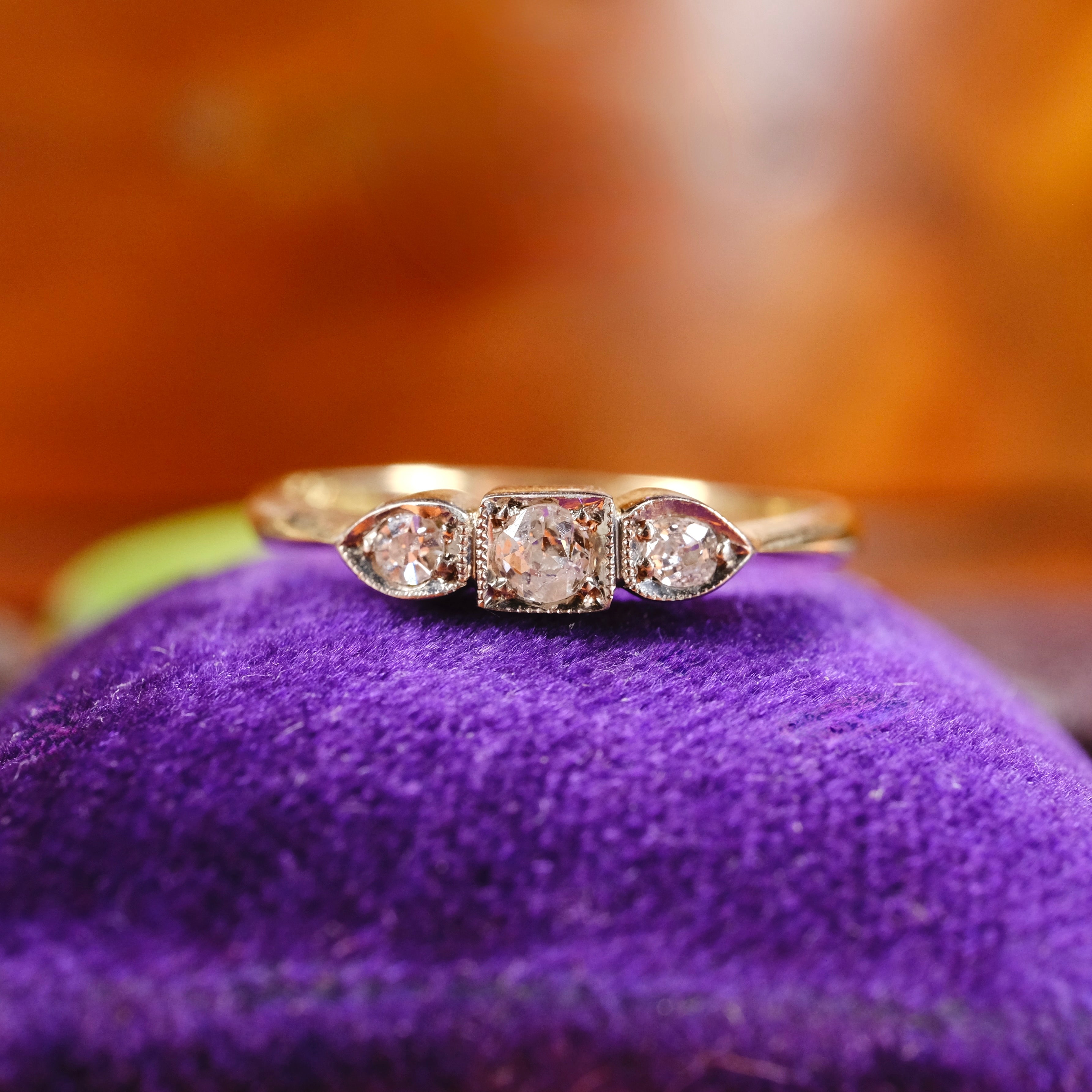 1920s, Art Deco, 18ct Gold, Platinum & Old Cut Diamond, Trilogy Ring
