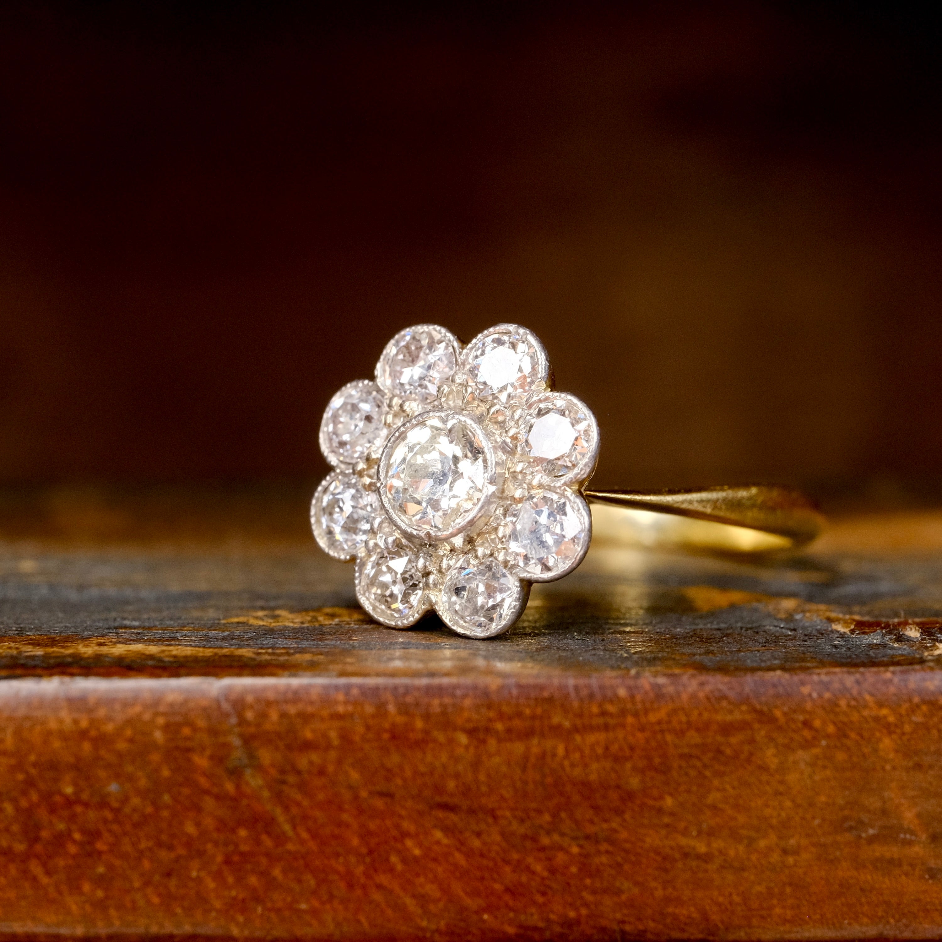 Antique, Early Twentieth Century, 18ct Gold, Old Cut Diamond Daisy Cluster Ring