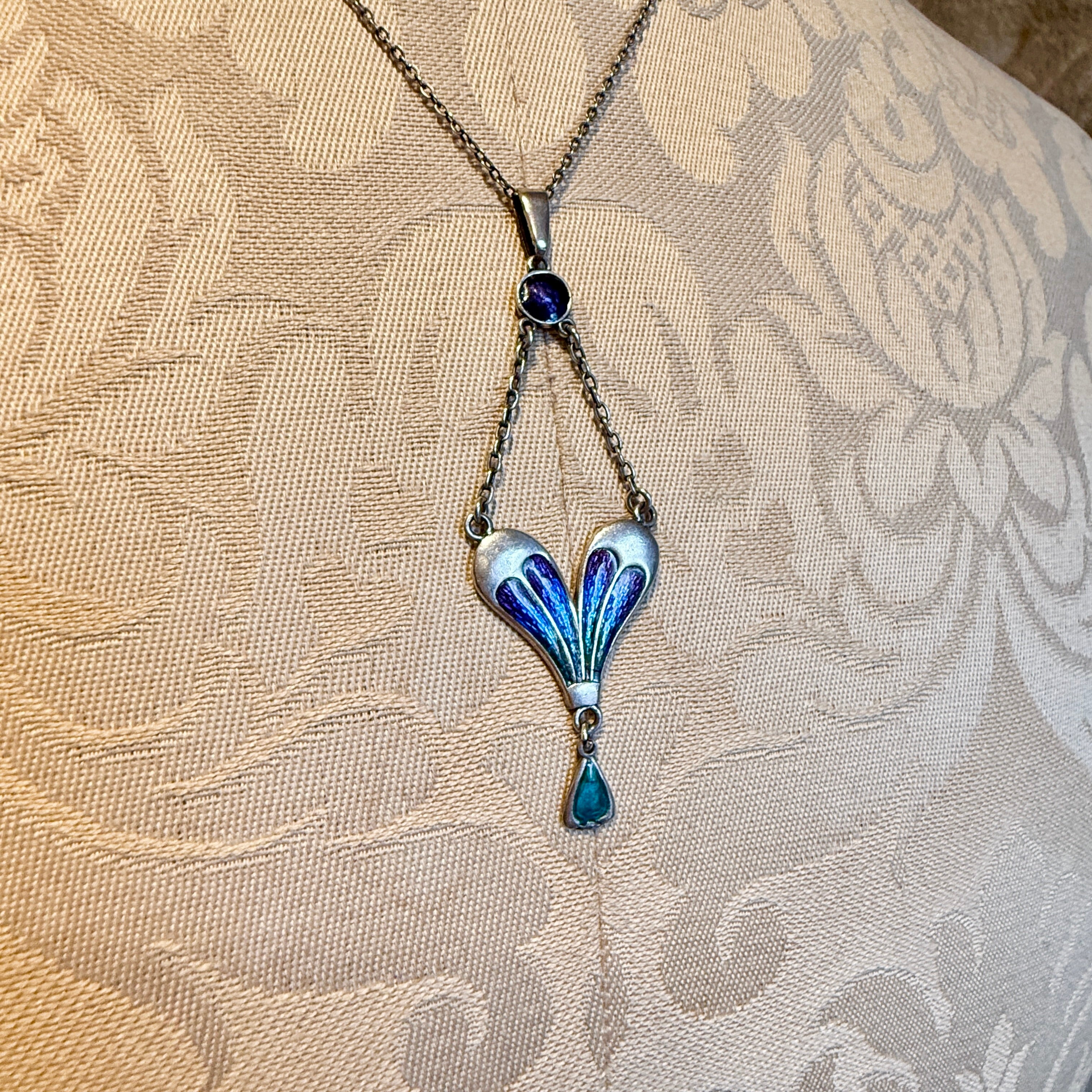 Antique, Edwardian, Charles Horner, Enamel Sterling Silver Pendant Necklace