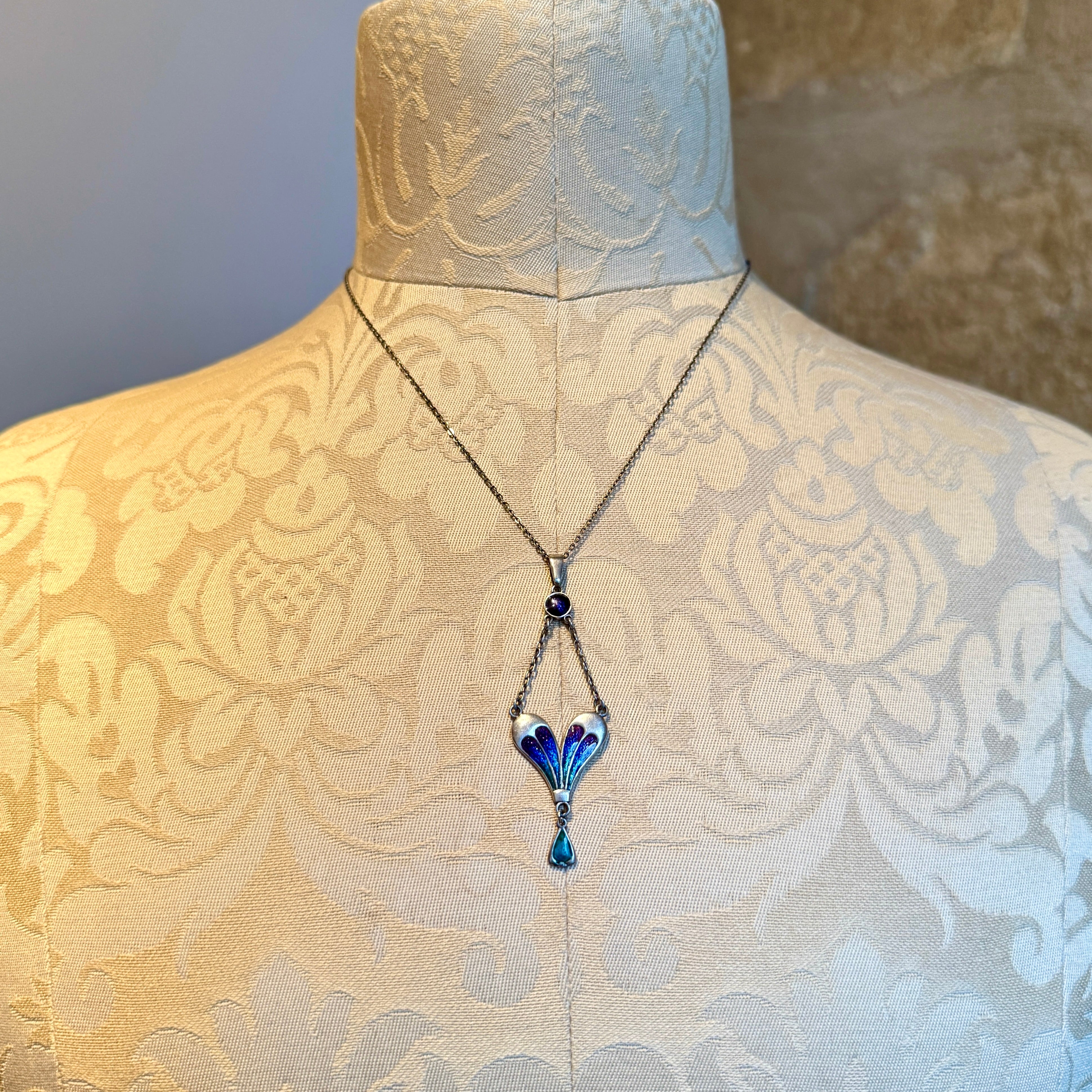 Antique, Edwardian, Charles Horner, Enamel Sterling Silver Pendant Necklace