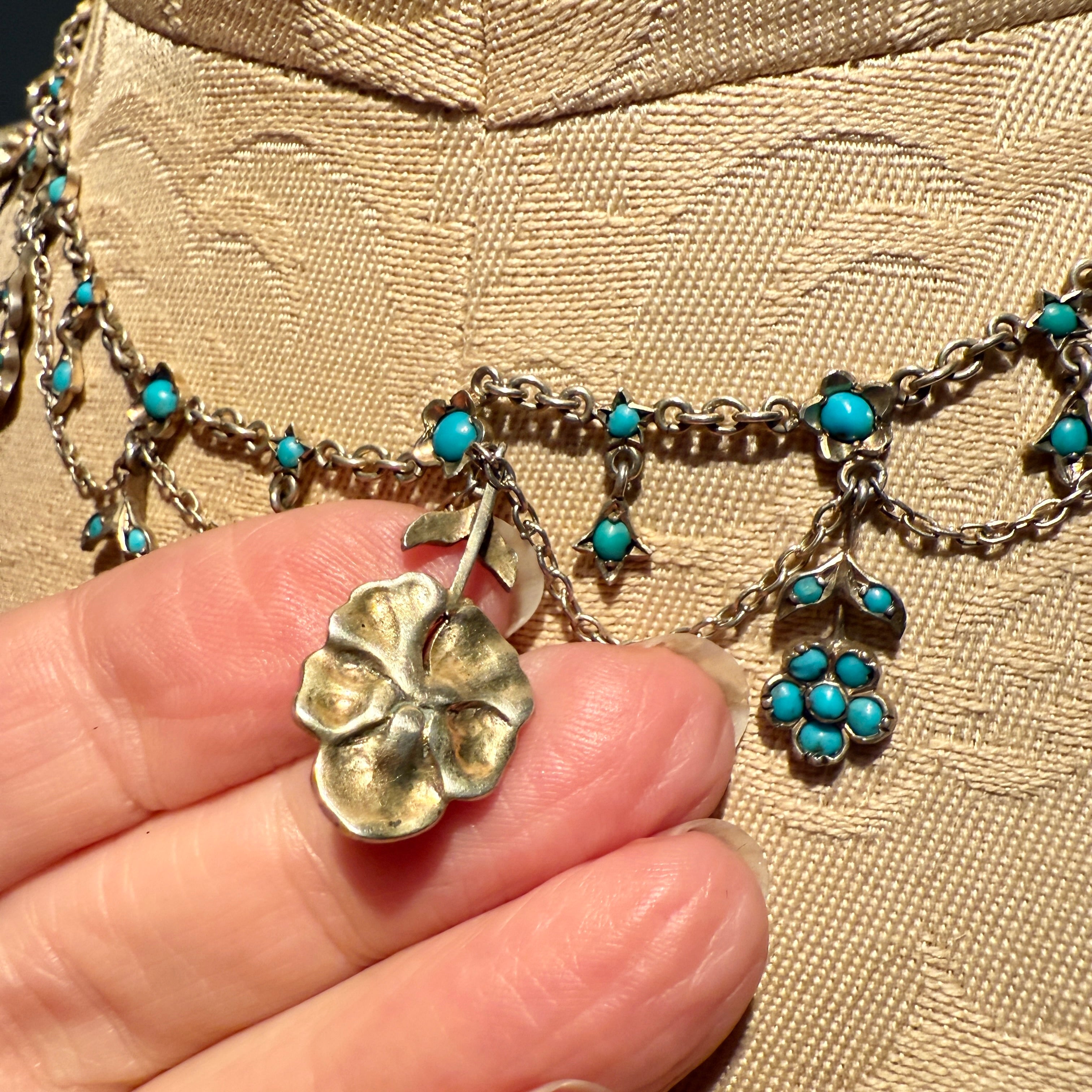 Antique, Victorian Silver & Turquoise floral Swag Festoon Necklace