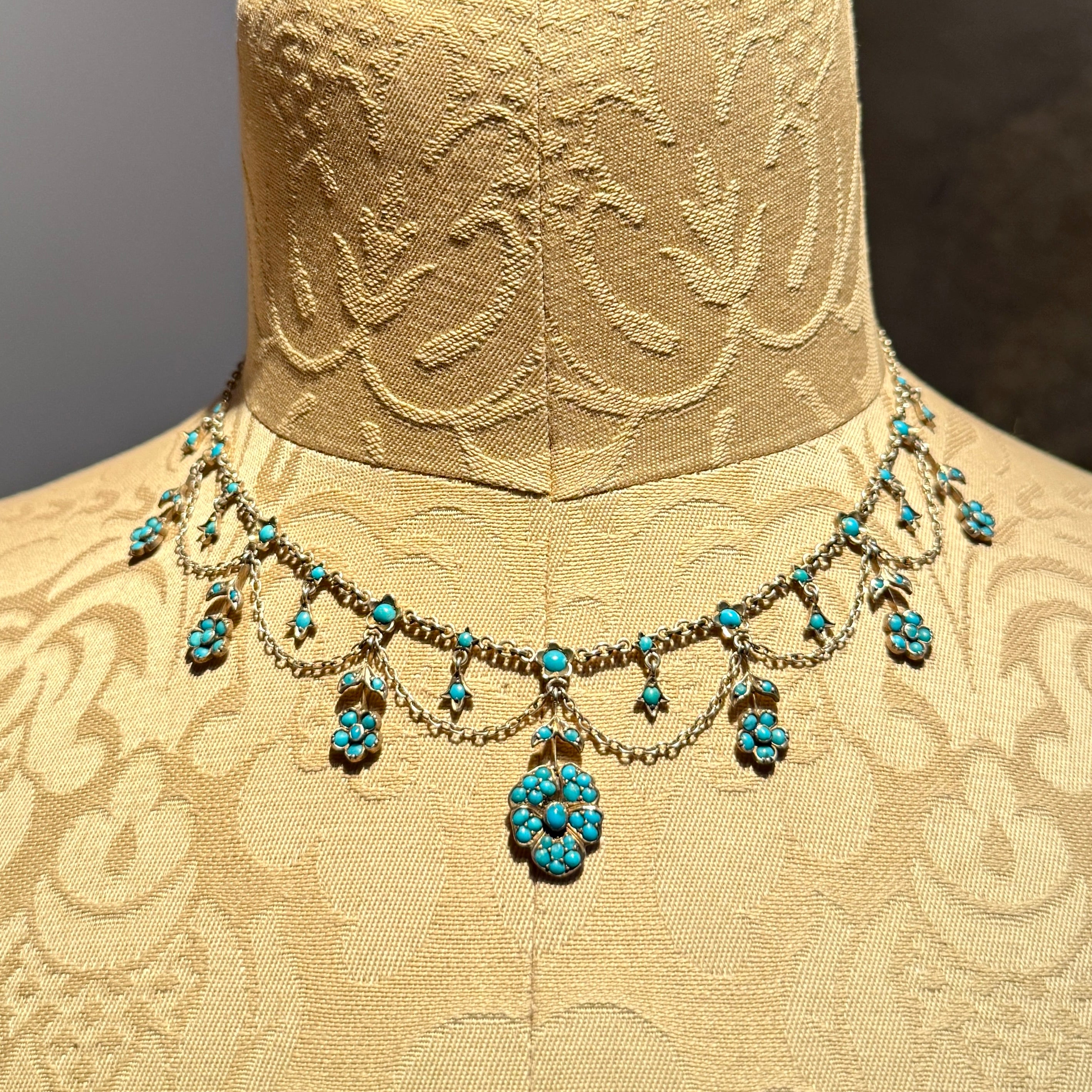 Antique, Victorian Silver & Turquoise floral Swag Festoon Necklace