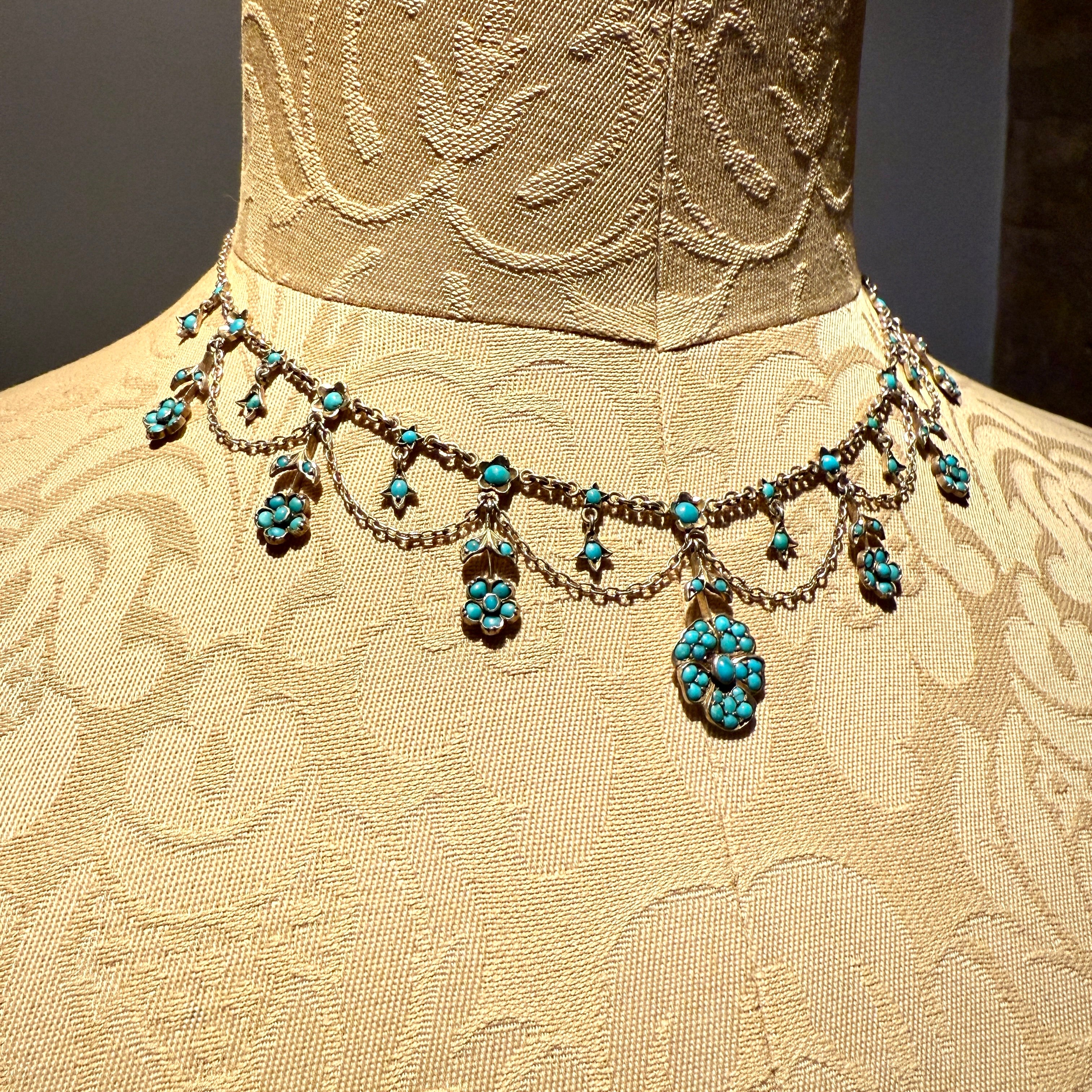 Antique, Victorian Silver & Turquoise floral Swag Festoon Necklace