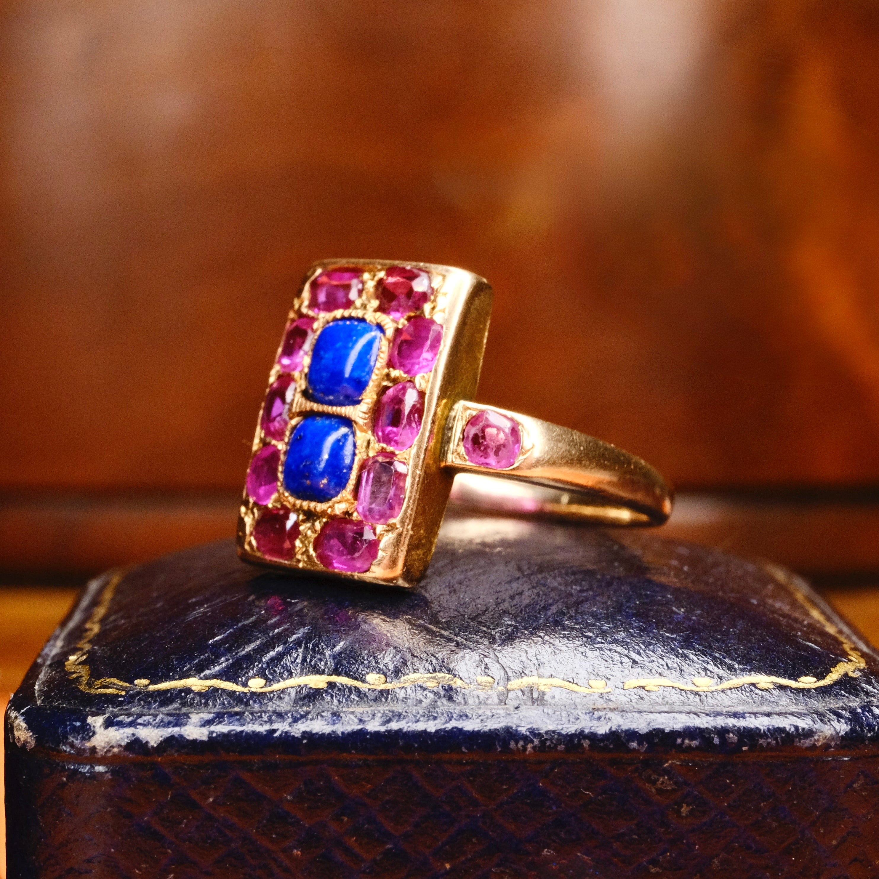 Antique, 18ct Rose Gold, Ruby & Lapis Lazuli Panel Ring