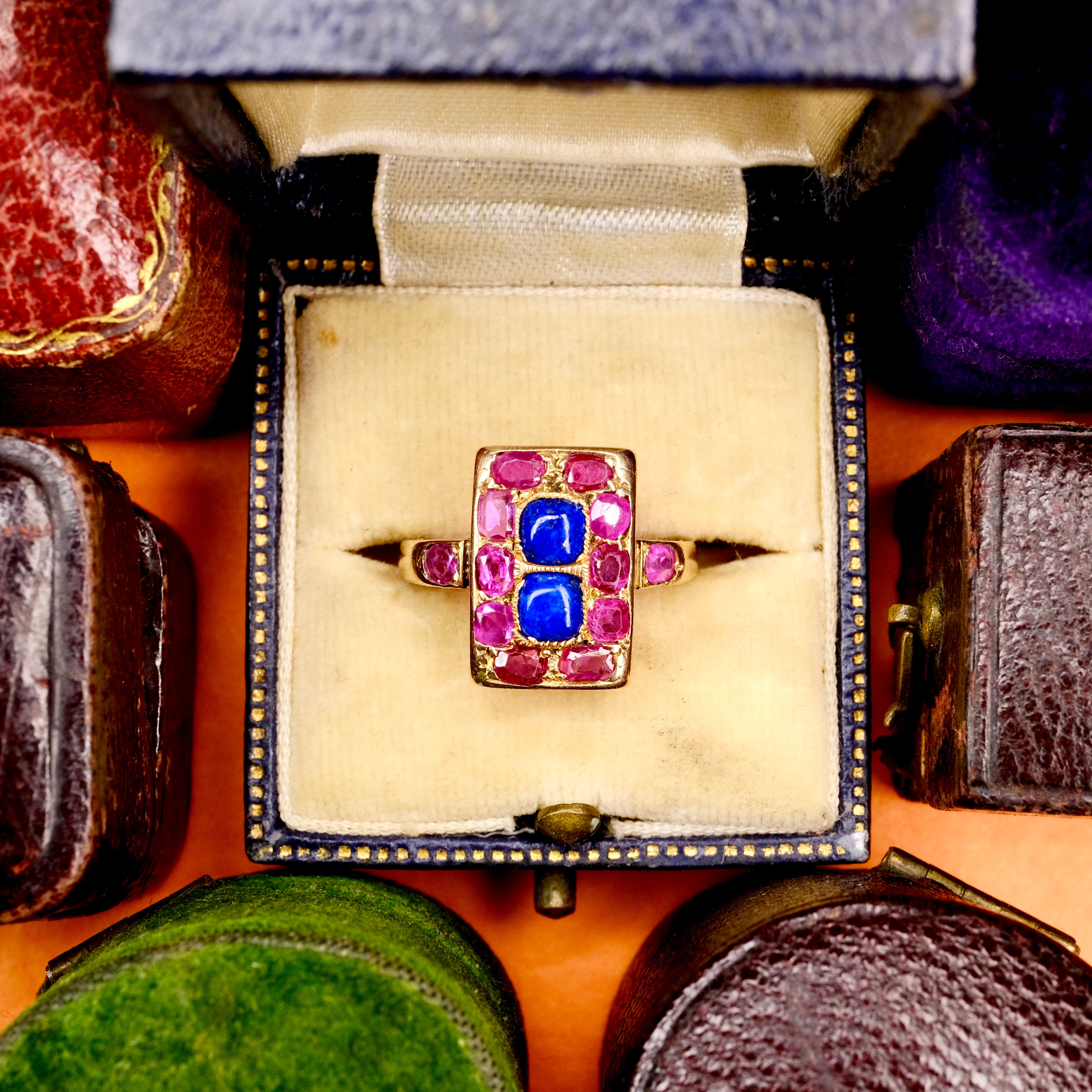 Antique, 18ct Rose Gold, Ruby & Lapis Lazuli Panel Ring