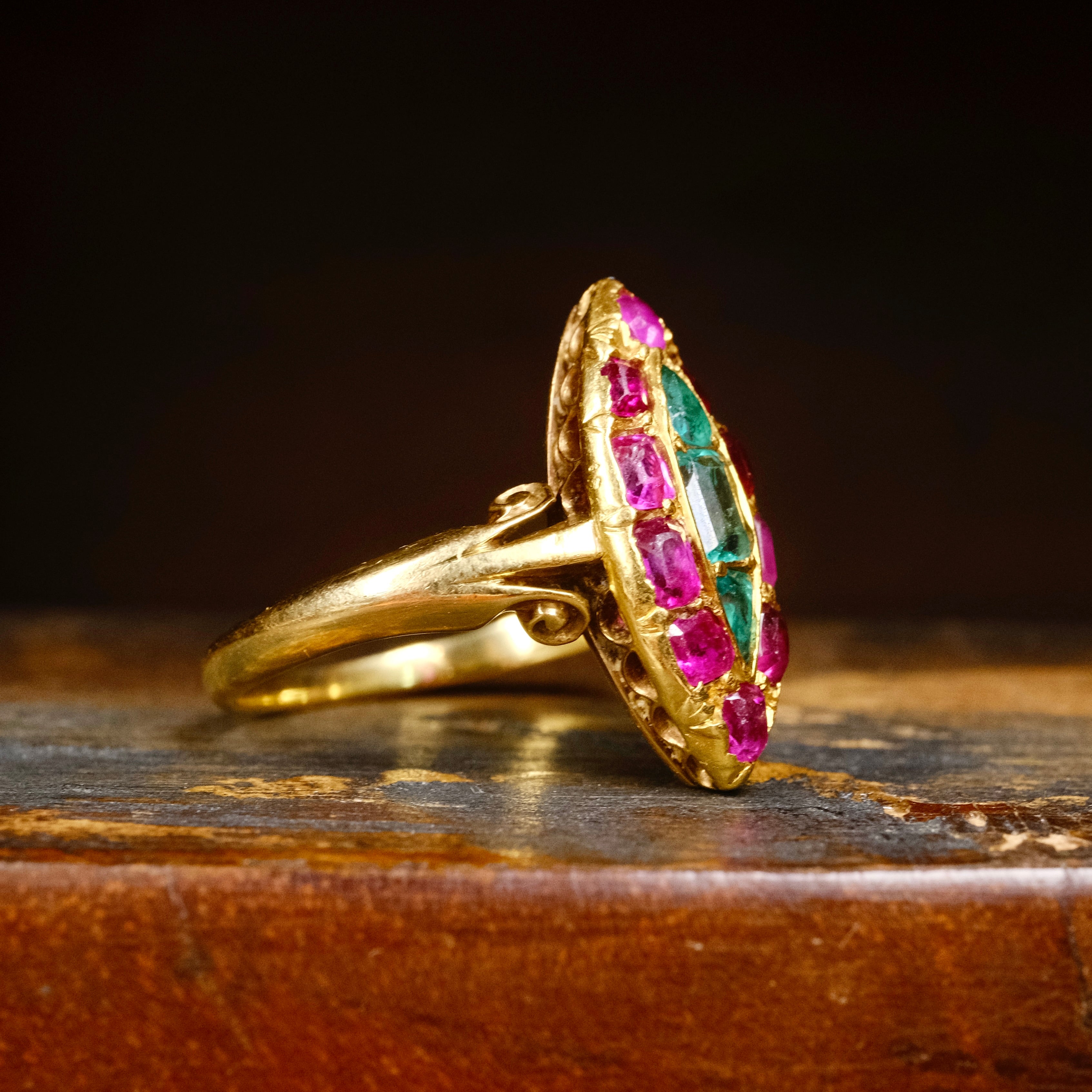 Antique, Victorian 18ct Gold, Emerald & Ruby Navette Ring