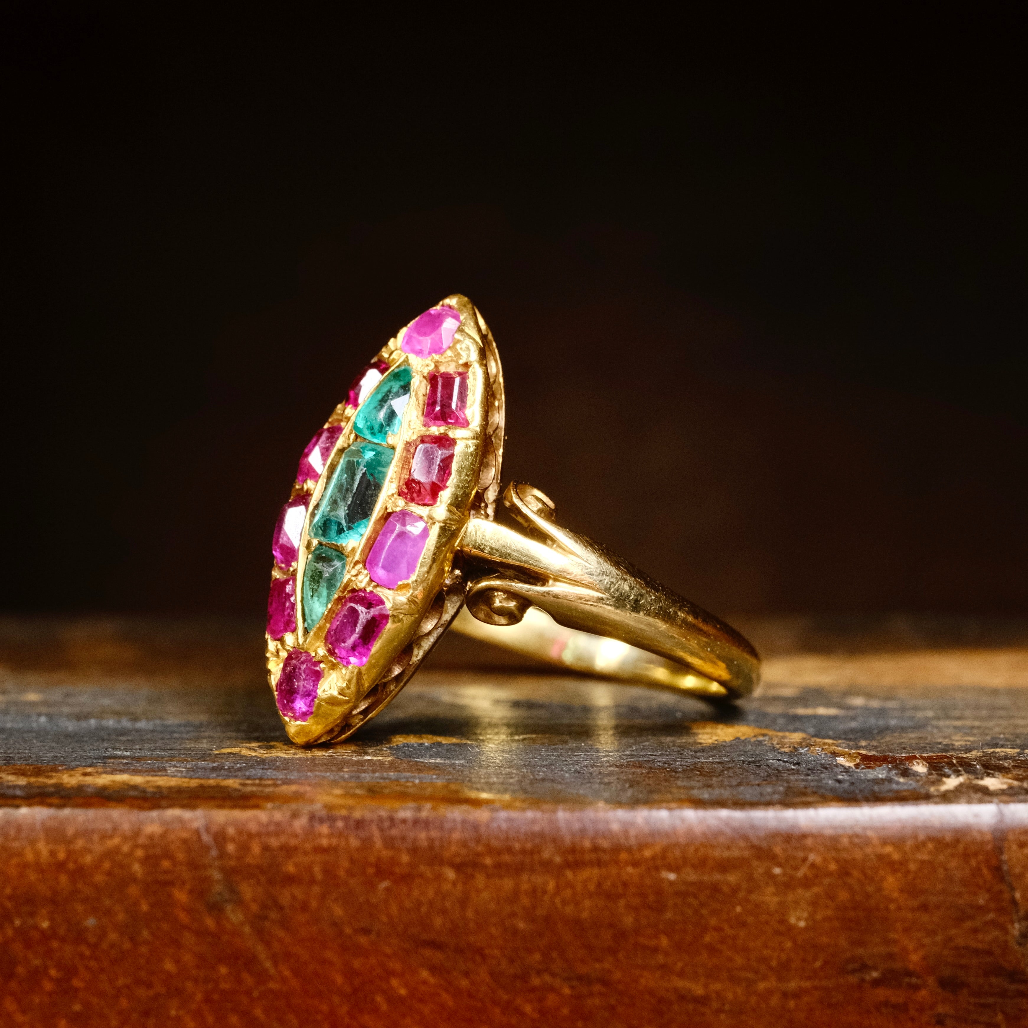 Antique, Victorian 18ct Gold, Emerald & Ruby Navette Ring