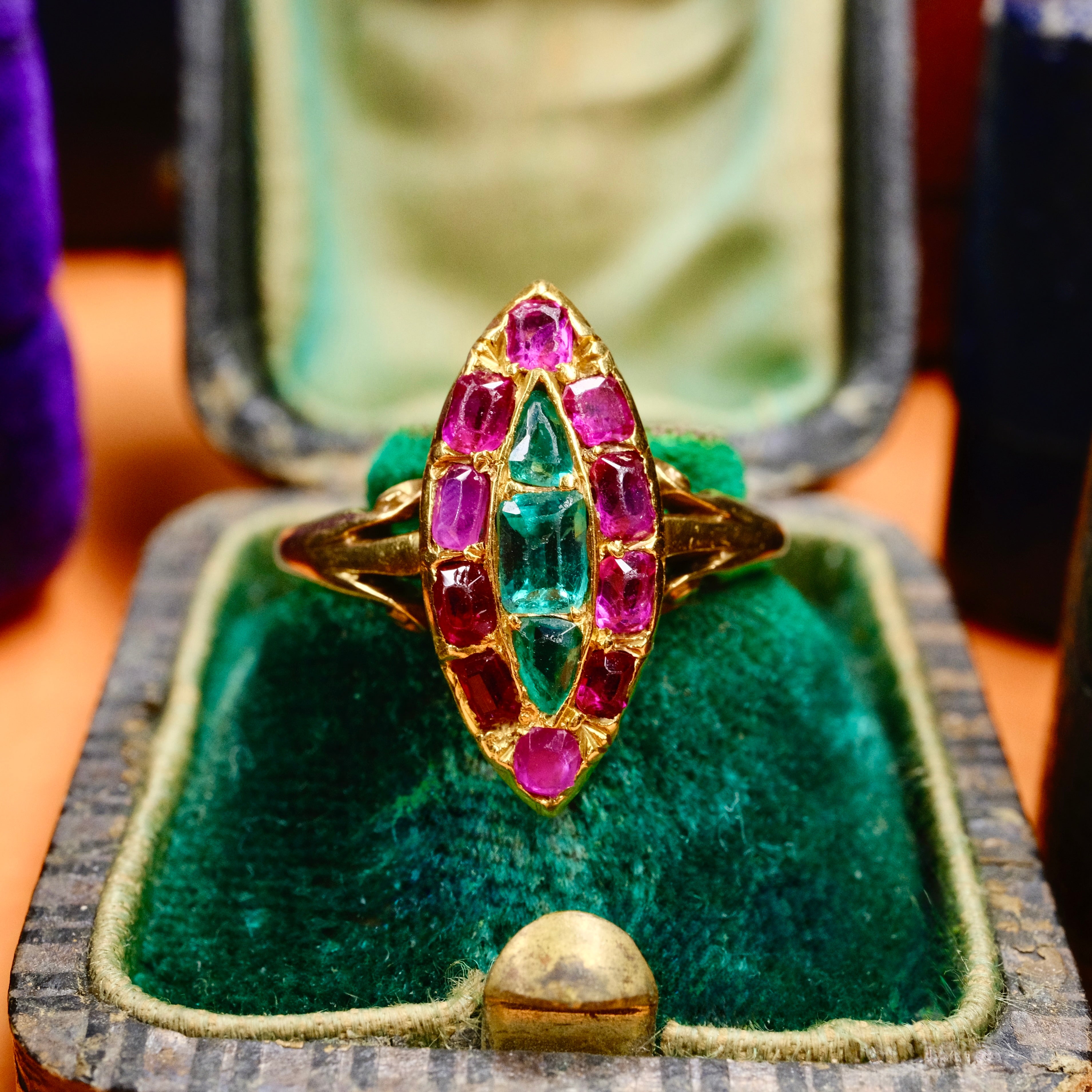 Antique, Victorian 18ct Gold, Emerald & Ruby Navette Ring