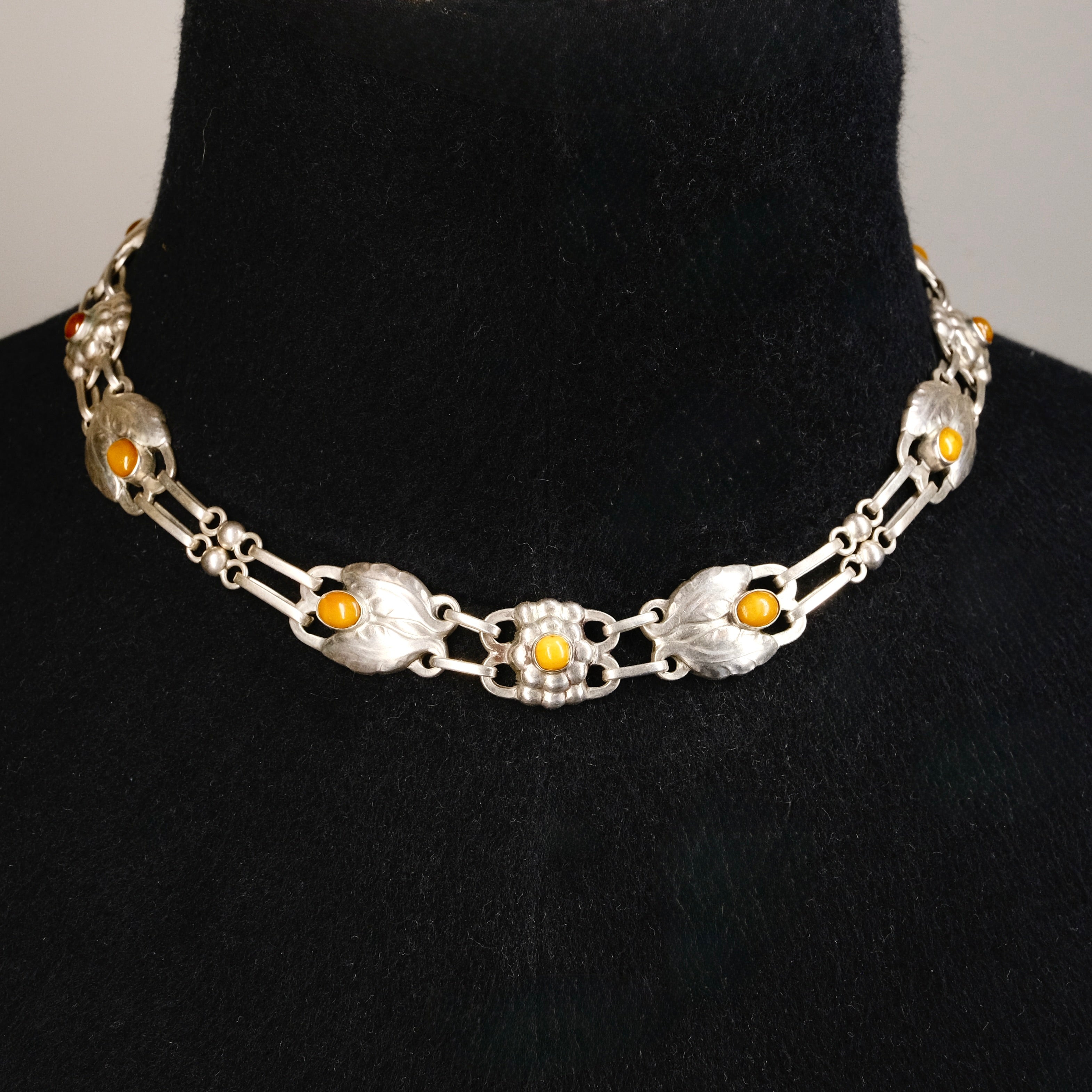 Rare, Early 830 Silver Georg Jensen, Necklace No. 1 With Amber Cabochons