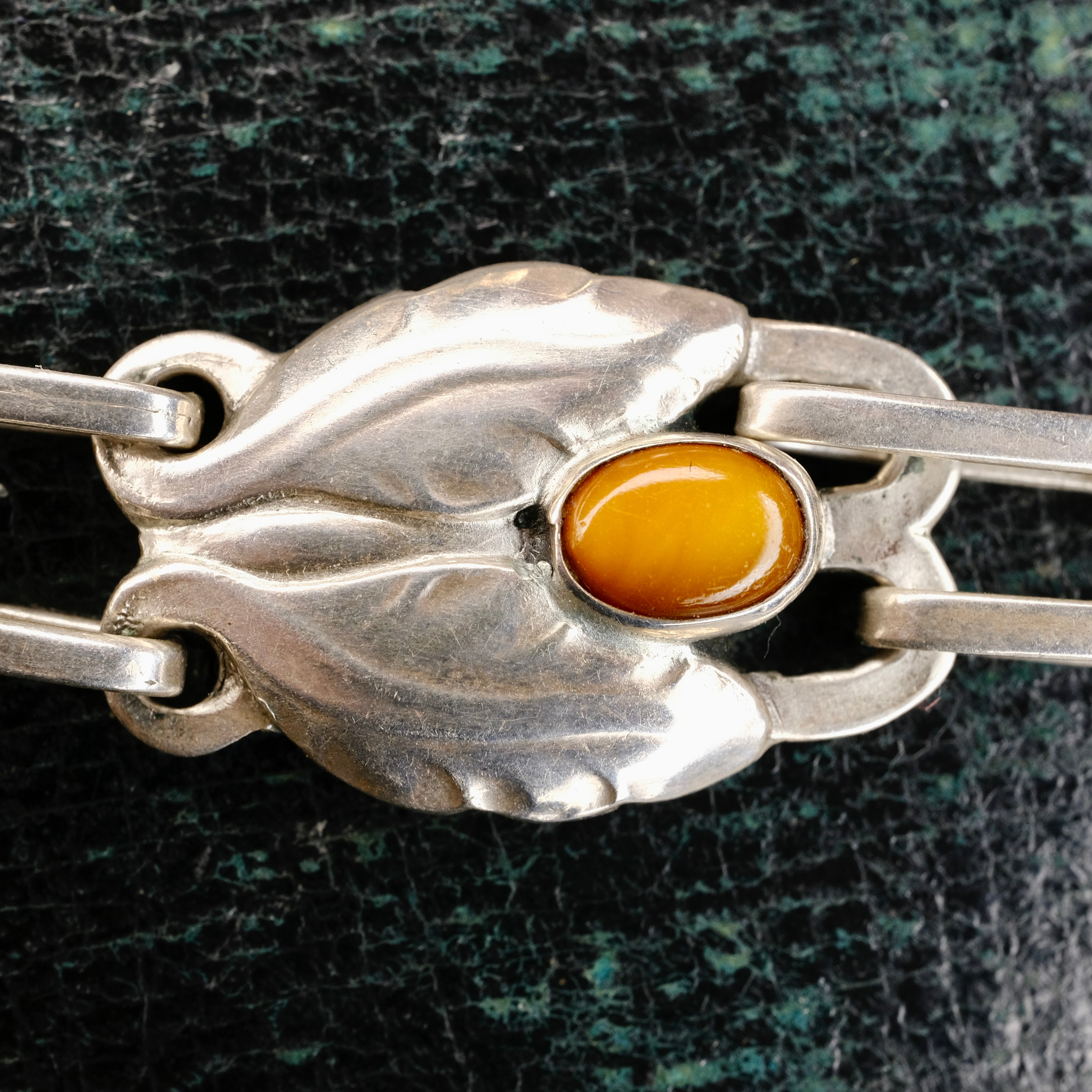Rare, Early 830 Silver Georg Jensen, Necklace No. 1 With Amber Cabochons