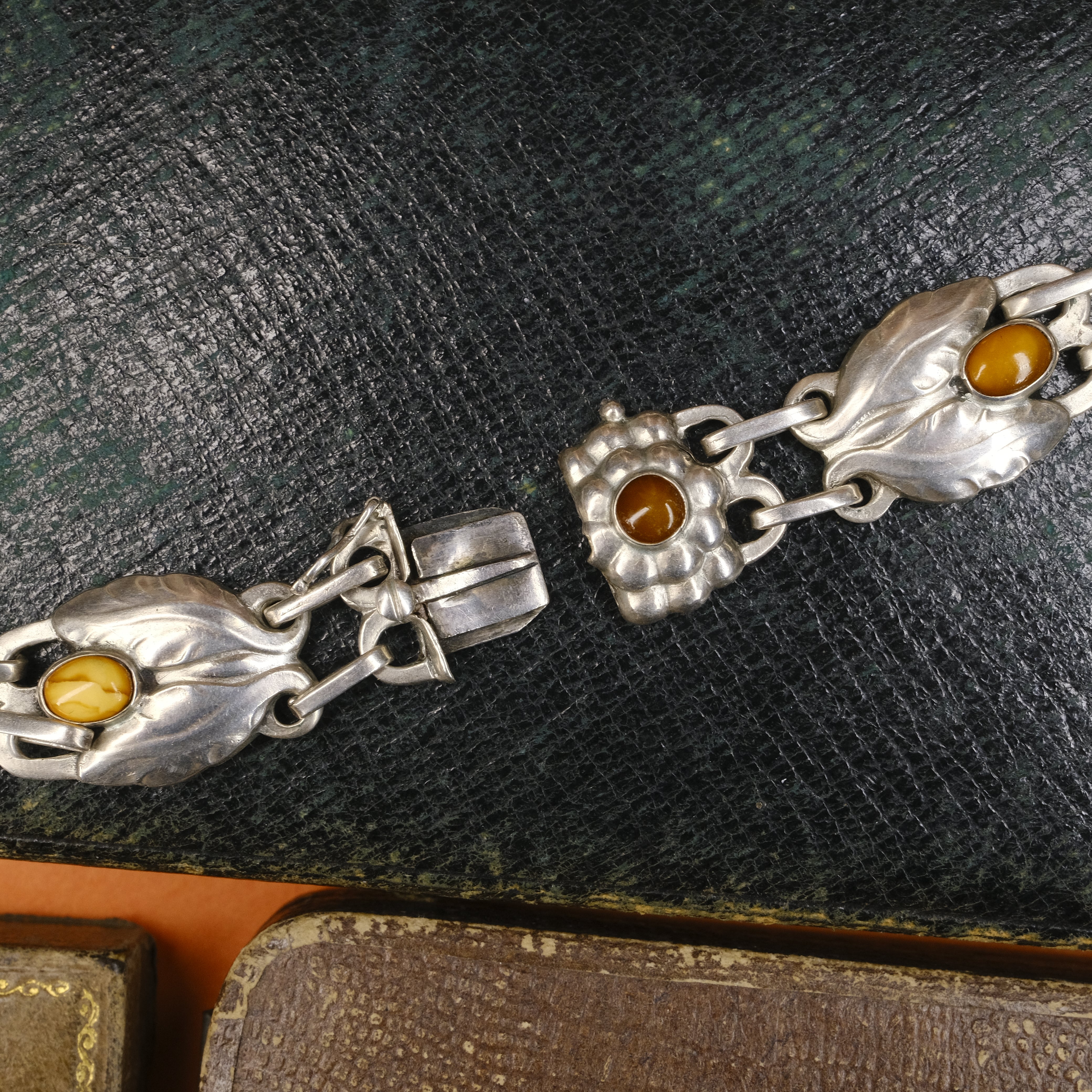 Rare, Early 830 Silver Georg Jensen, Necklace No. 1 With Amber Cabochons