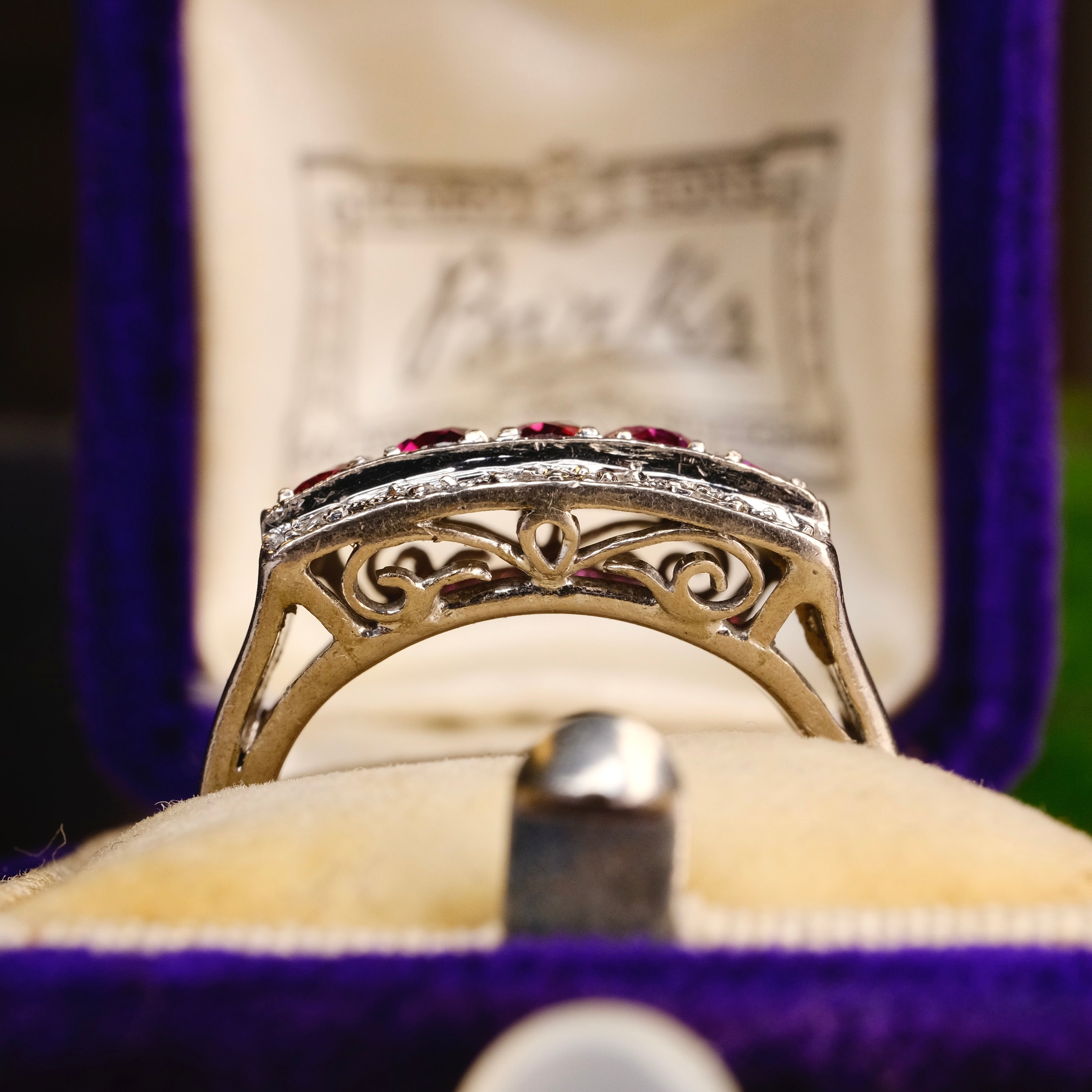 Original Art Deco, 14ct White Gold Natural Ruby & Diamond Panel Ring