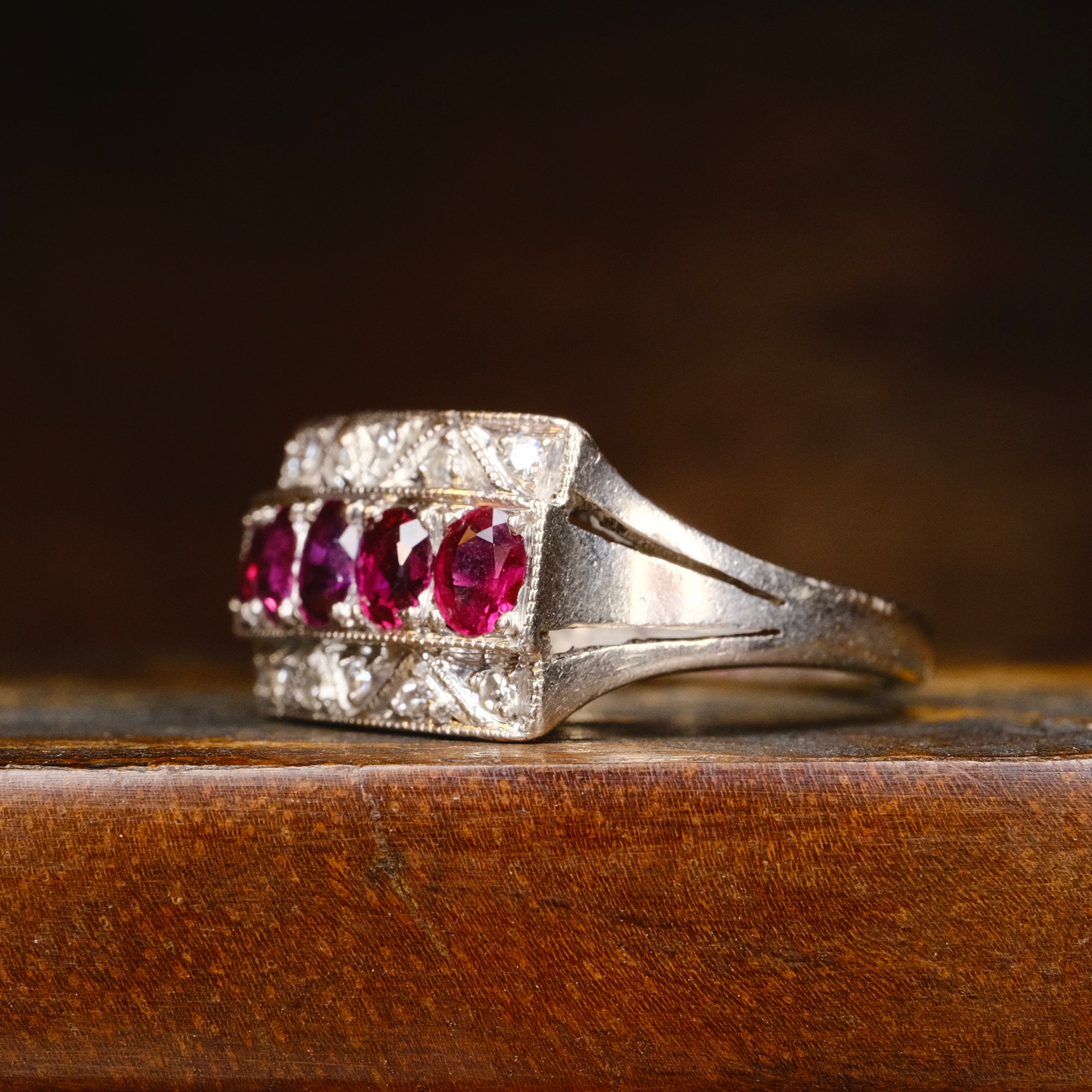 Original Art Deco, 14ct White Gold Natural Ruby & Diamond Panel Ring