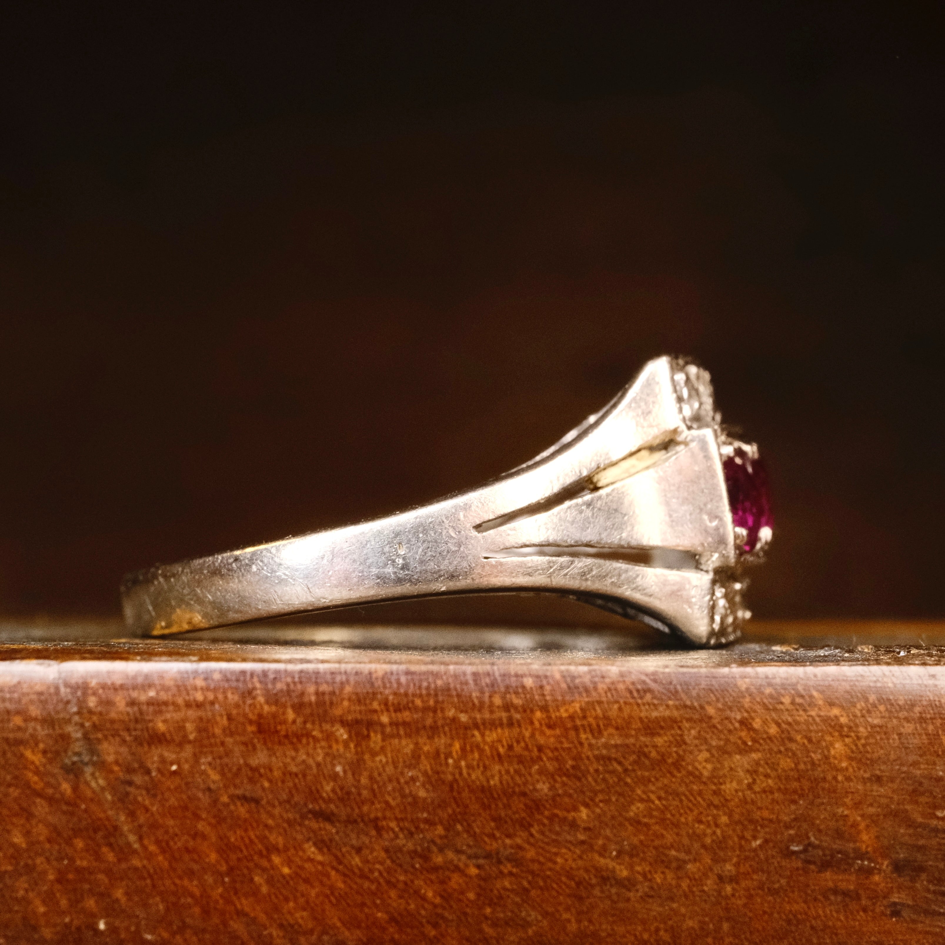 Original Art Deco, 14ct White Gold Natural Ruby & Diamond Panel Ring