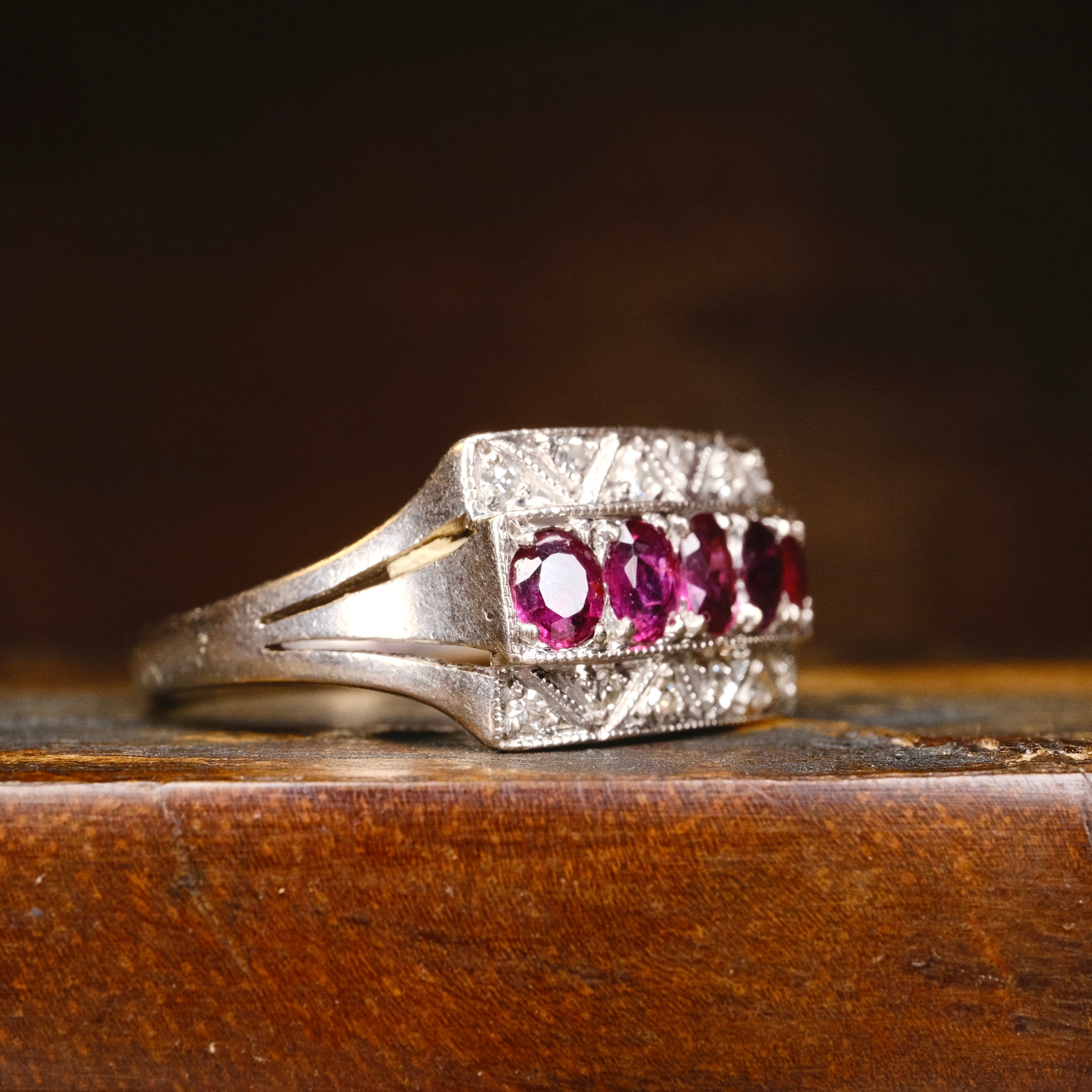 Original Art Deco, 14ct White Gold Natural Ruby & Diamond Panel Ring