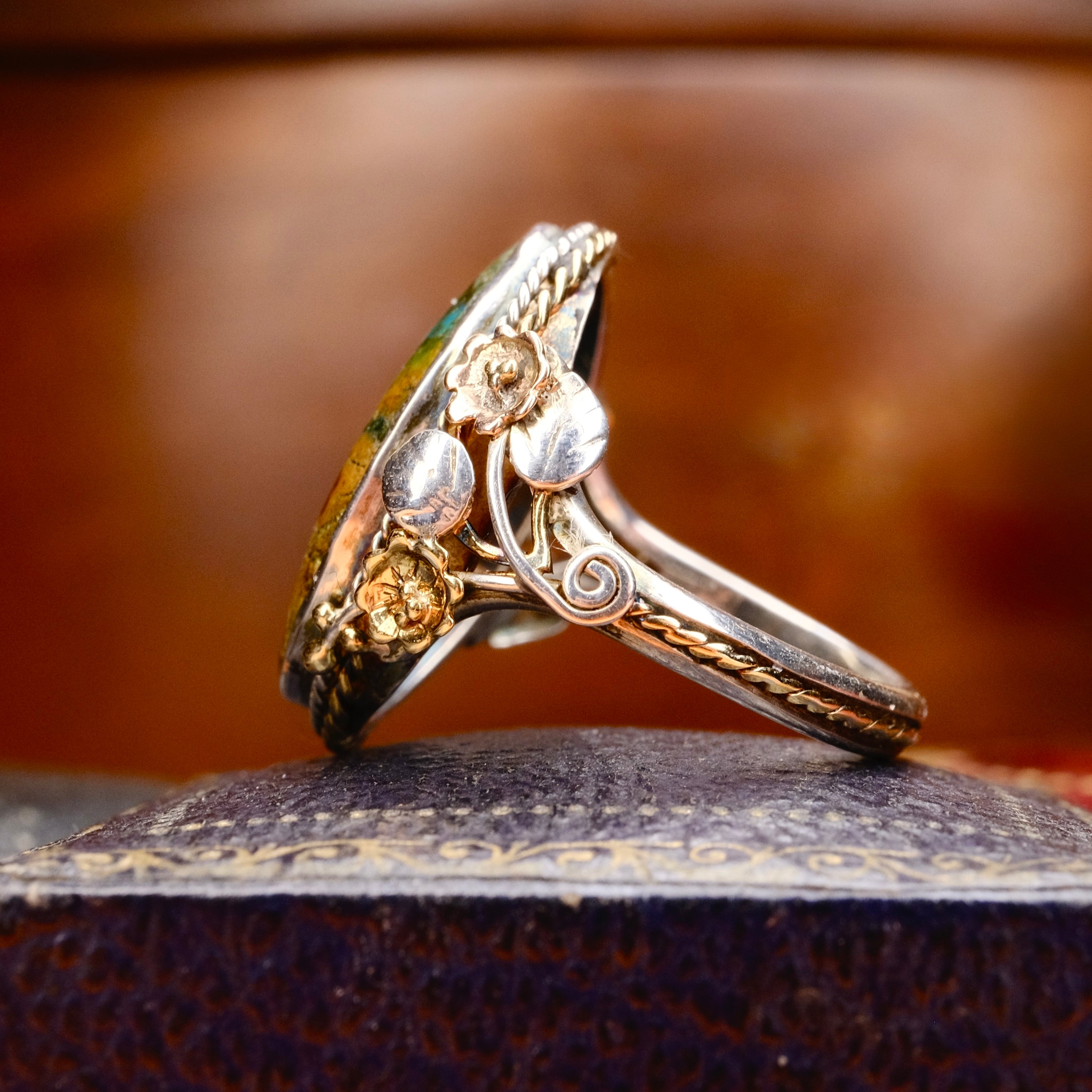 Antique Arts & Crafts Sterling Silver and Gold, Jasper Ring